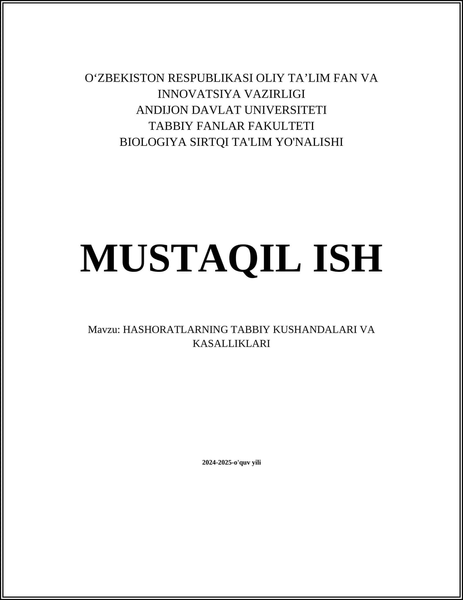 HASHORATLARNING TABBIY KUSHANDALARI VA KASALLIKLARI