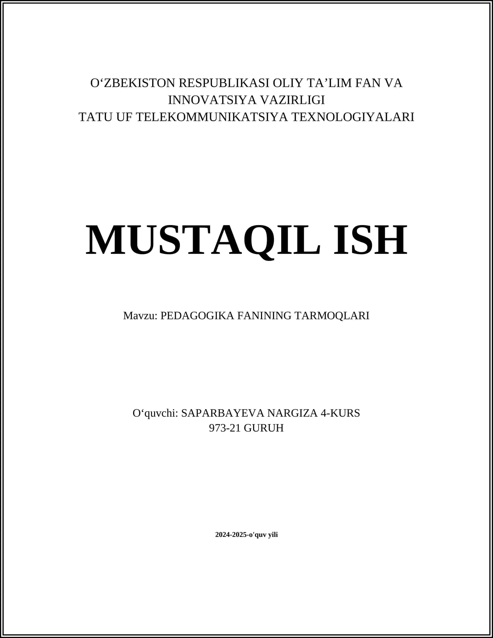 PEDAGOGIKA FANINING TARMOQLARI