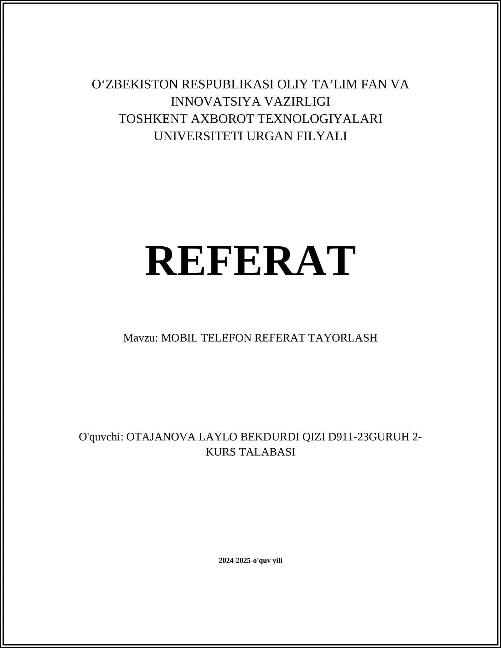 MOBIL TELEFON REFERAT TAYORLASH