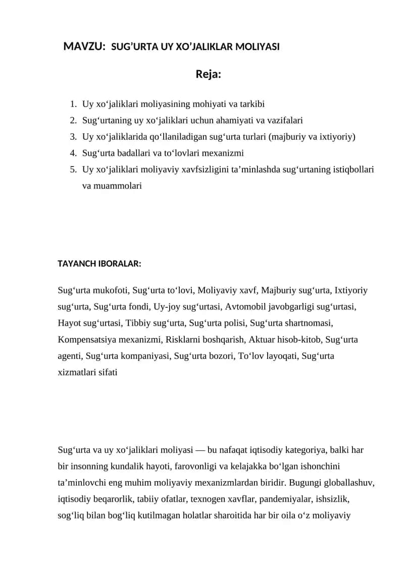 SUG’URTA UY XO’JALIKLAR MOLIYASI
