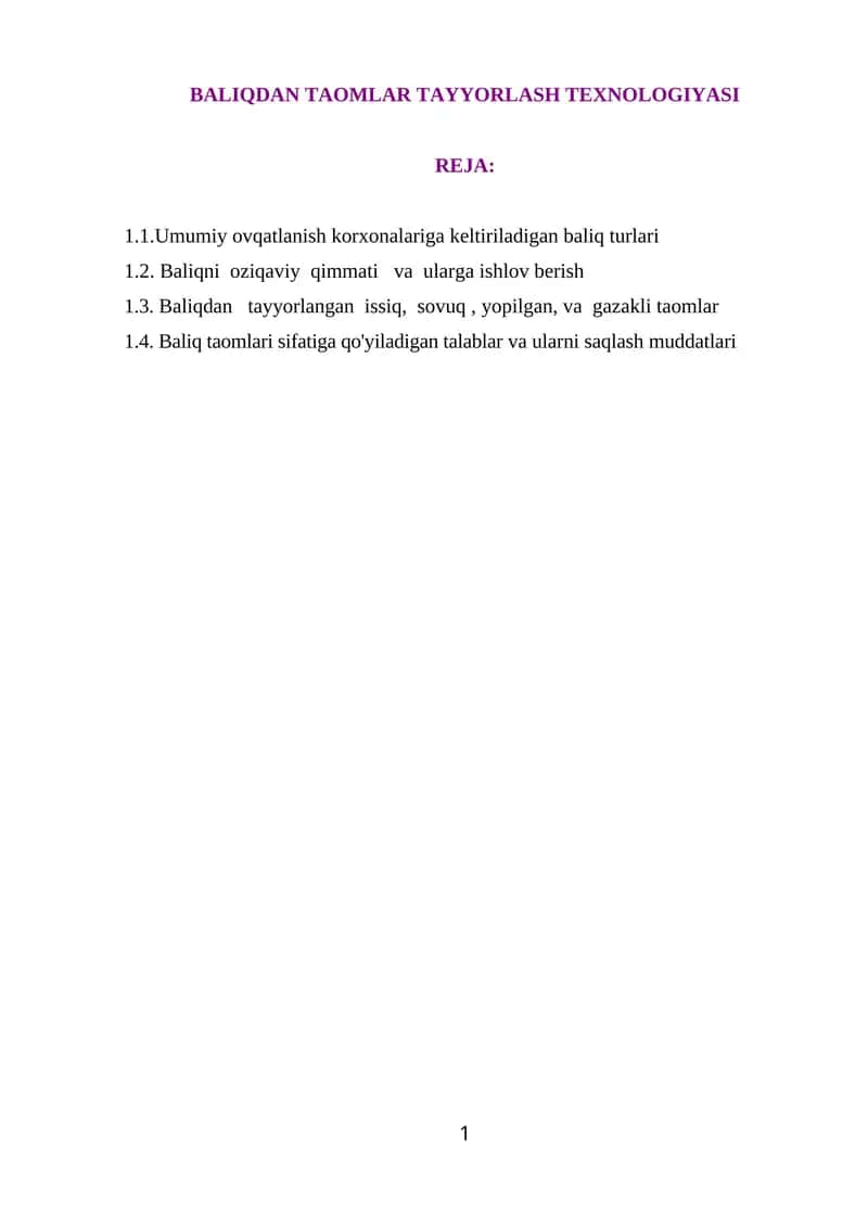 BALIQDAN TAOMLAR TAYYORLASH TEXNOLOGIYASI