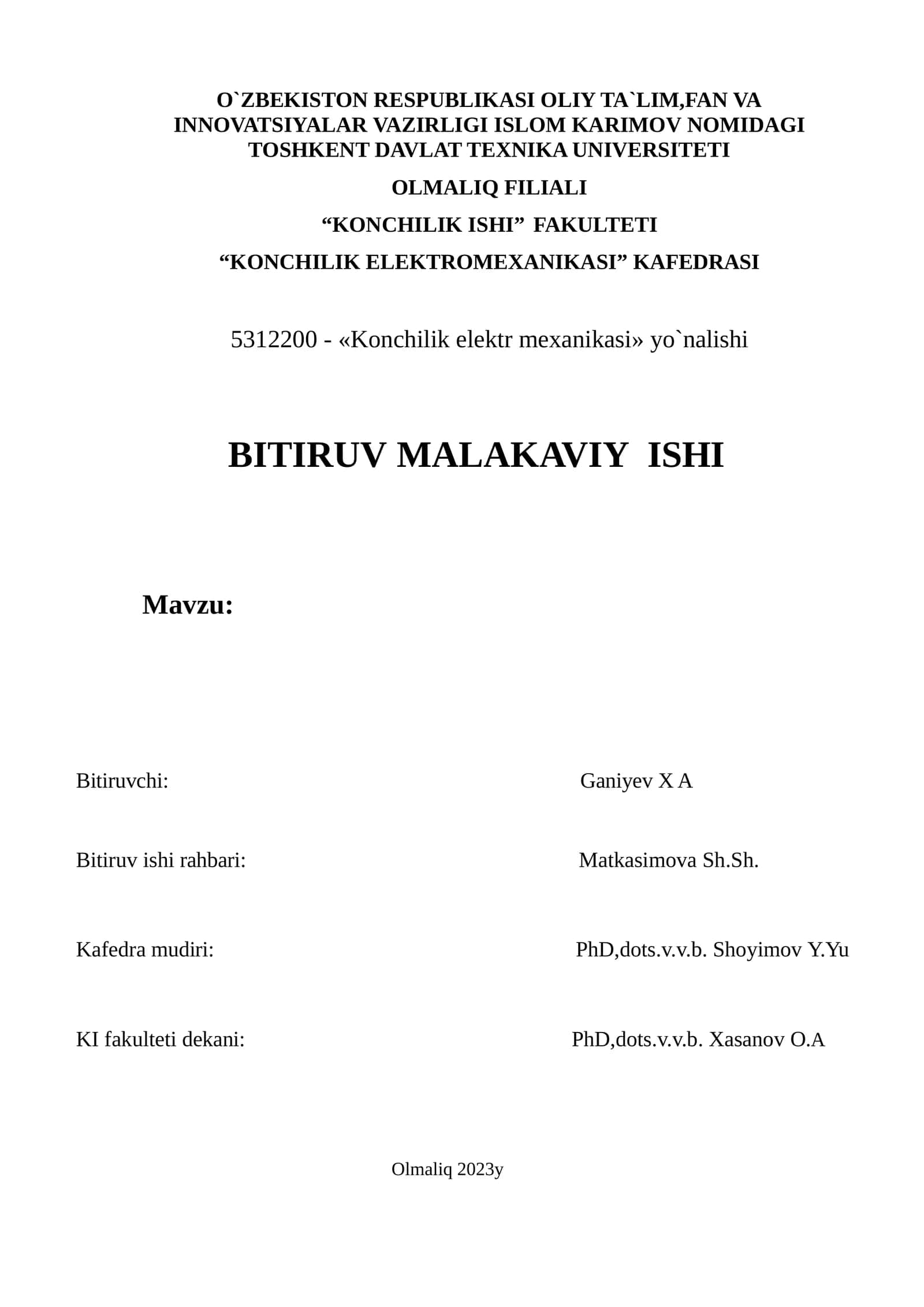 5312200 - «Konchilik elektr mexanikasi» yo`nalishi BITIRUV MALAKAVIY ISHI
