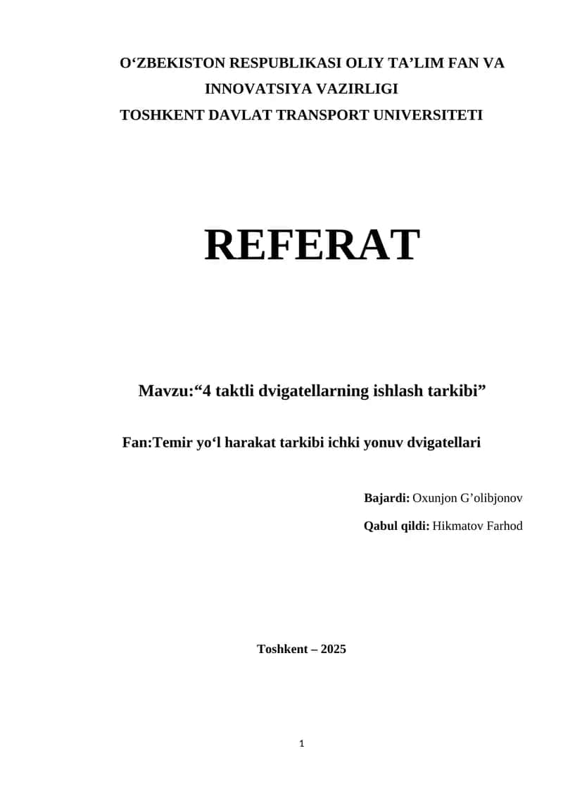 4 taktli dvigatellarning ishlash tarkibi