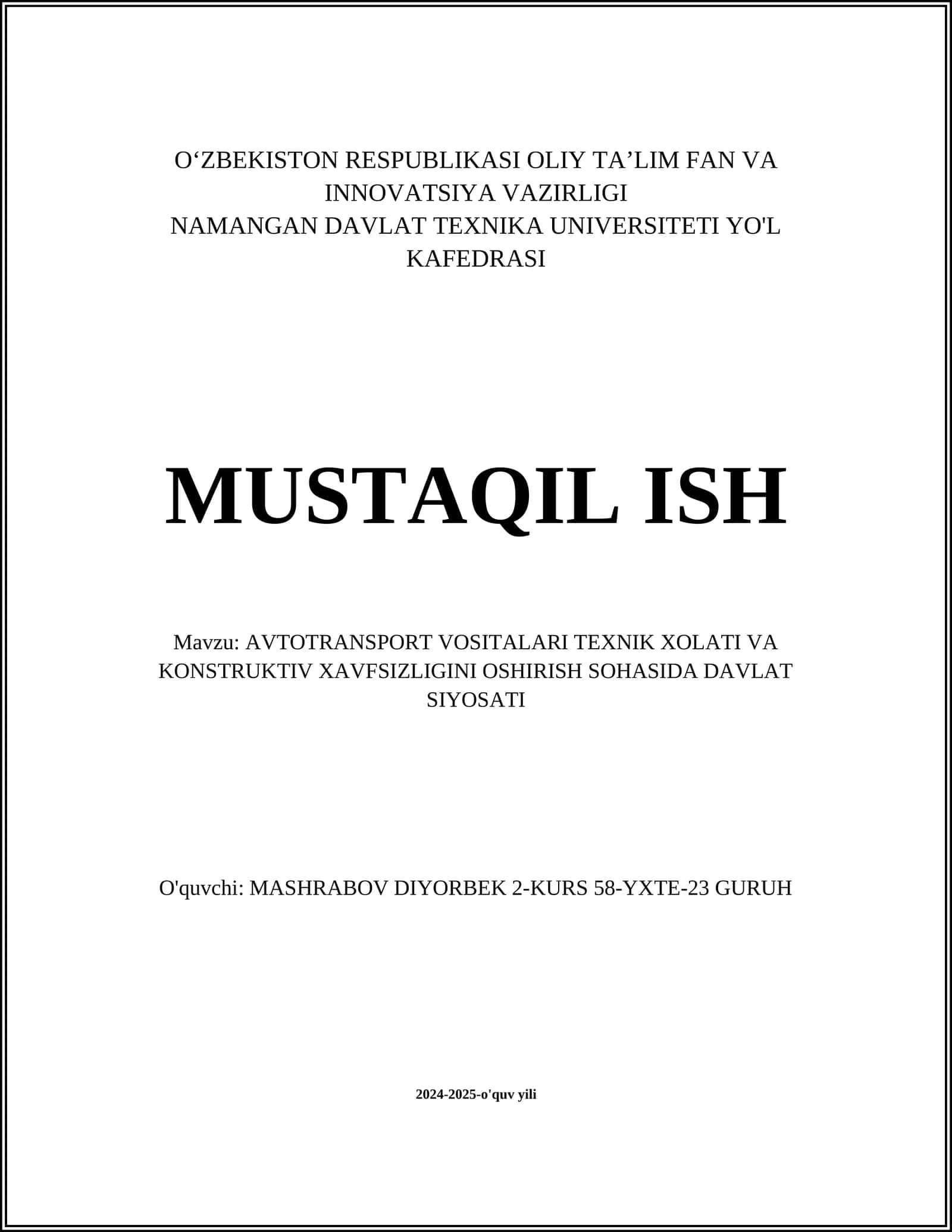 AVTOTRANSPORT VOSITALARI TEXNIK KORIGI