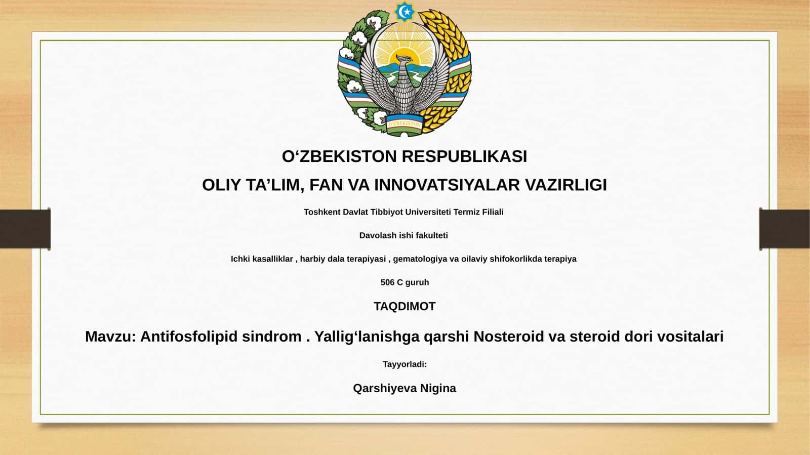Antifosfolipid sindrom. Yalligʻlanishga qarshi Nosteroid va steroid dori vositalari