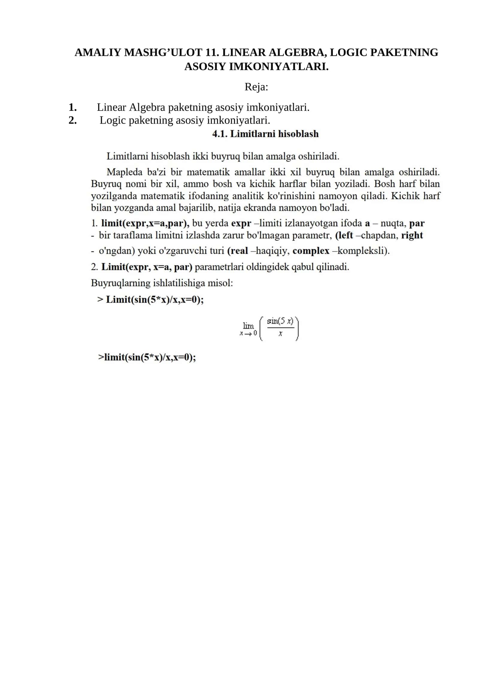 AMALIY MASHG’ULOT 11. LINEAR ALGEBRA, LOGIC PAKETNING ASOSIY IMKONIYATLARI