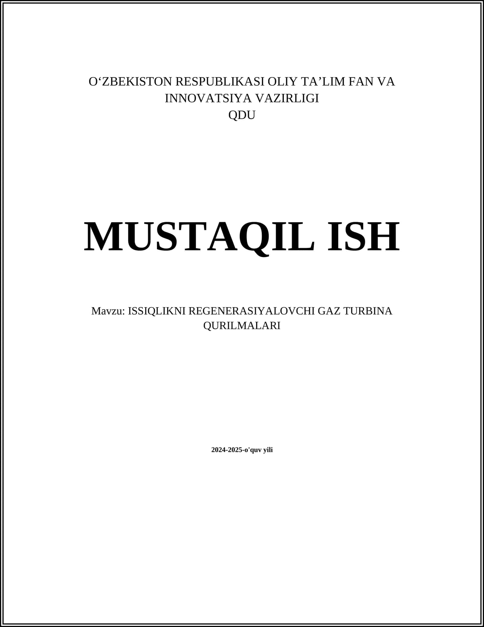 ISSIQLIKNI REGENERASIYALOVCHI GAZ TURBINA QURILMALARI