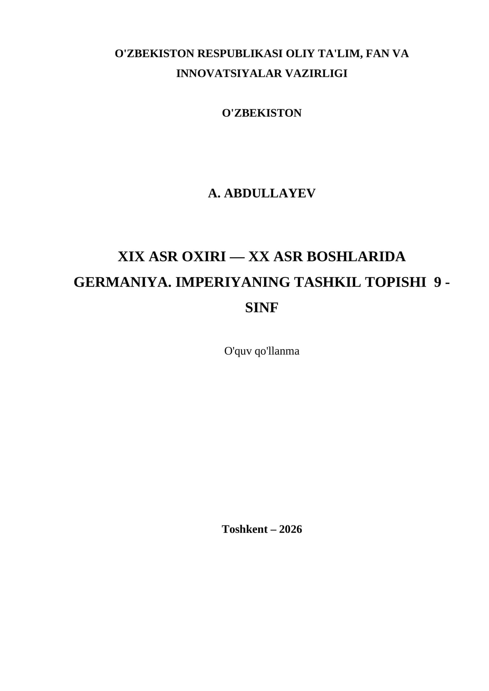 XIX ASR OXIRI — XX ASR BOSHLARIDA GERMANIYA. IMPERIYANING TASHKIL TOPISHI 9 - SINF