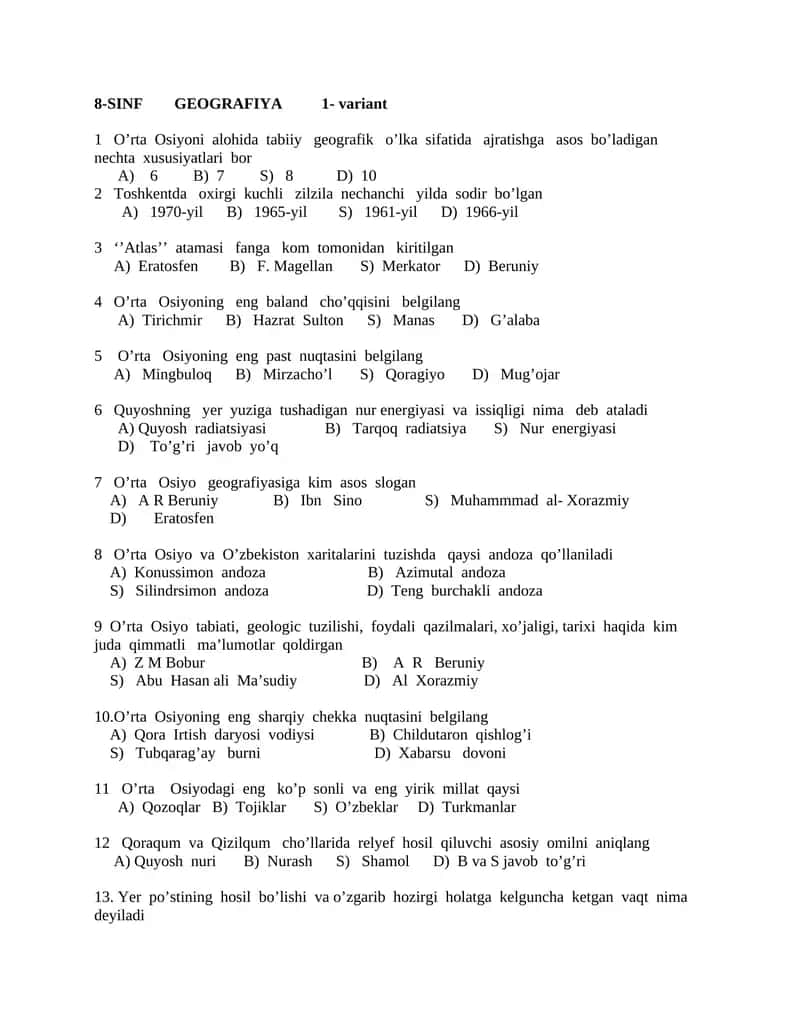 Test 8-sinf GEOGRAFIYA