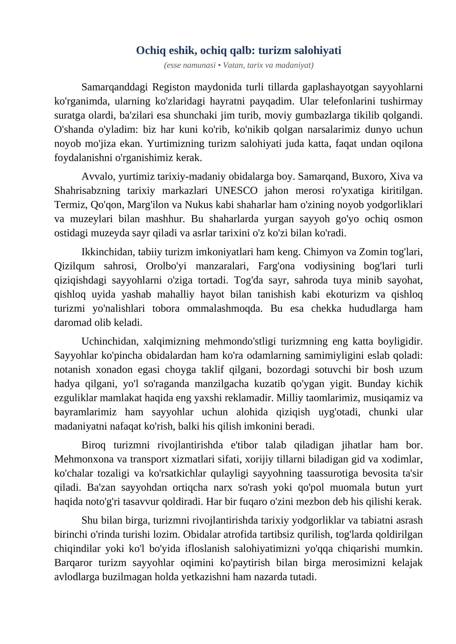 Esse Ochiq eshik ochiq qalb turizm salohiyati