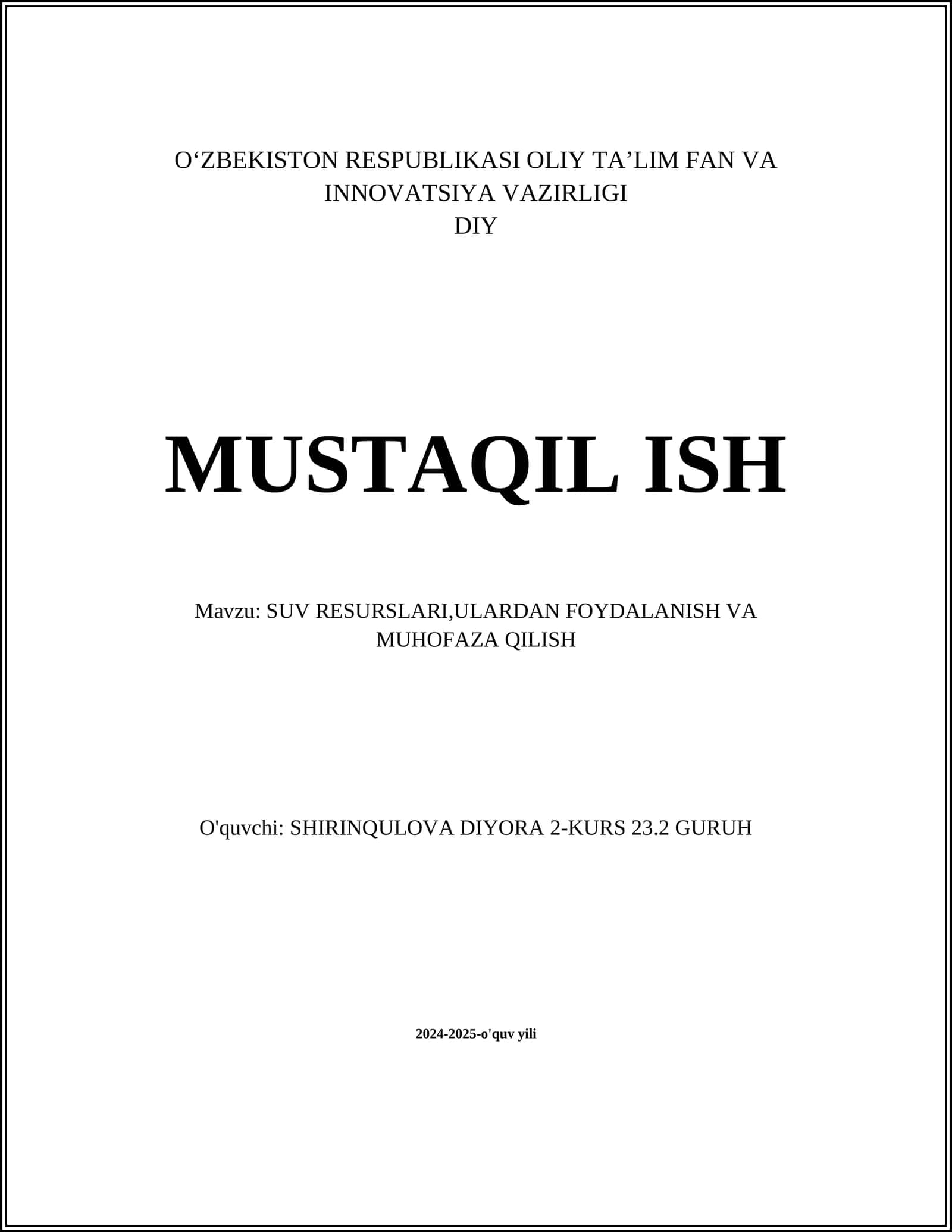 SUV RESURSLARI,ULARDAN FOYDALANISH VA MUHOFAZA QILISH