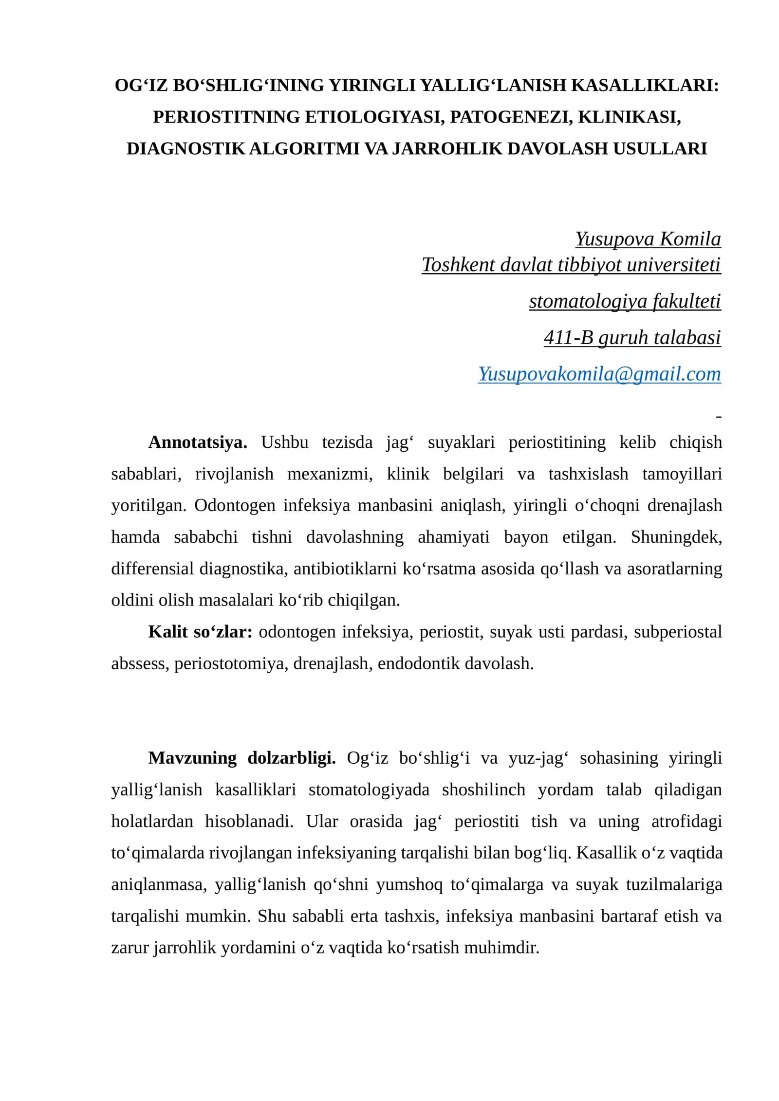 OG‘IZ BO‘SHLIG‘INING YIRINGLI YALLIG‘LANISH KASALLIKLARI: PERIOSTITNING ETIOLOGIYASI, PATOGENEZI, KLINIKASI, DIAGNOSTIK ALGORITMI VA JARROHLIK DAVOLASH USULLARI