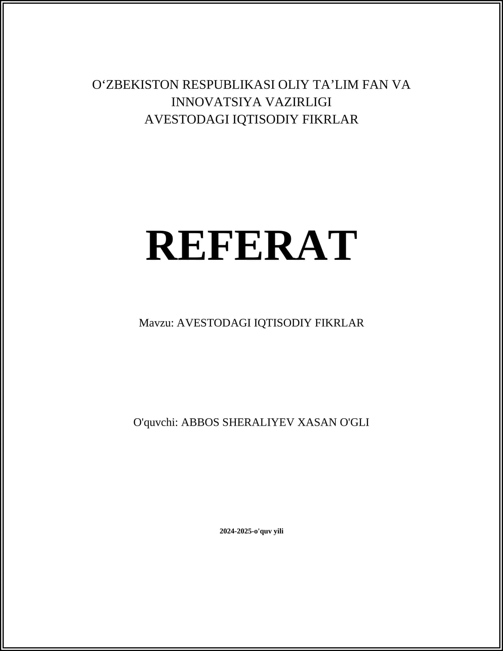 AVESTODAGI IQTISODIY FIKRLAR
