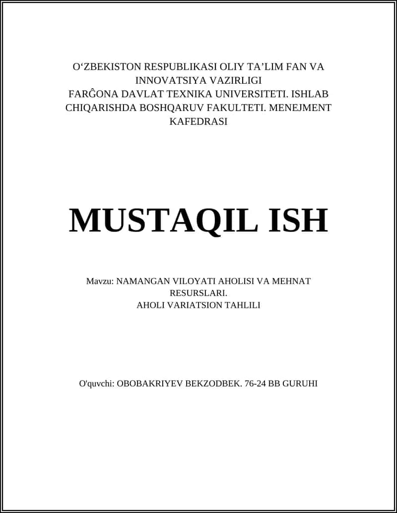 Namangan Viloyati Ahloli va Mehnat Resurslari