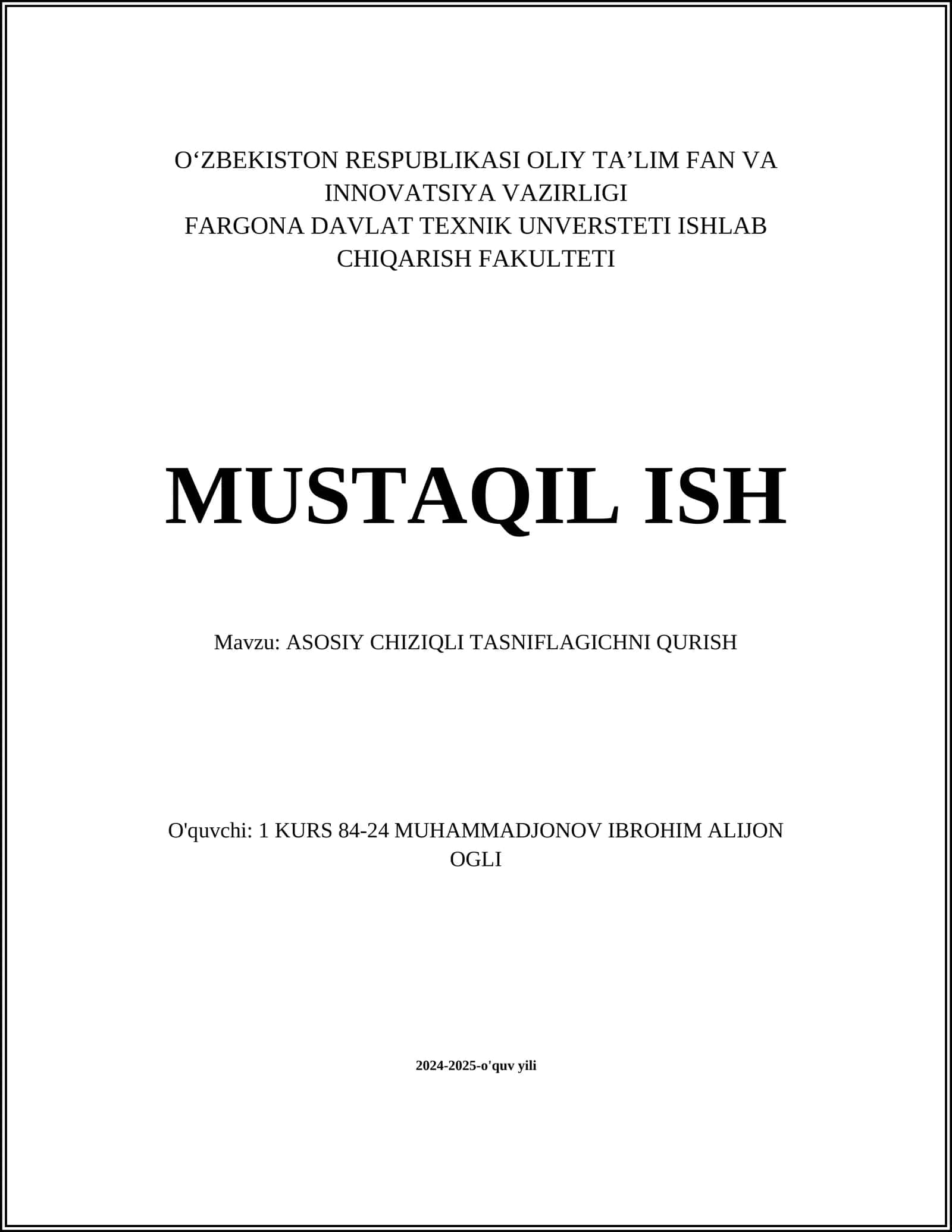 ASOSIY CHIZIQLI TASNIFLAGICHNI QURISH