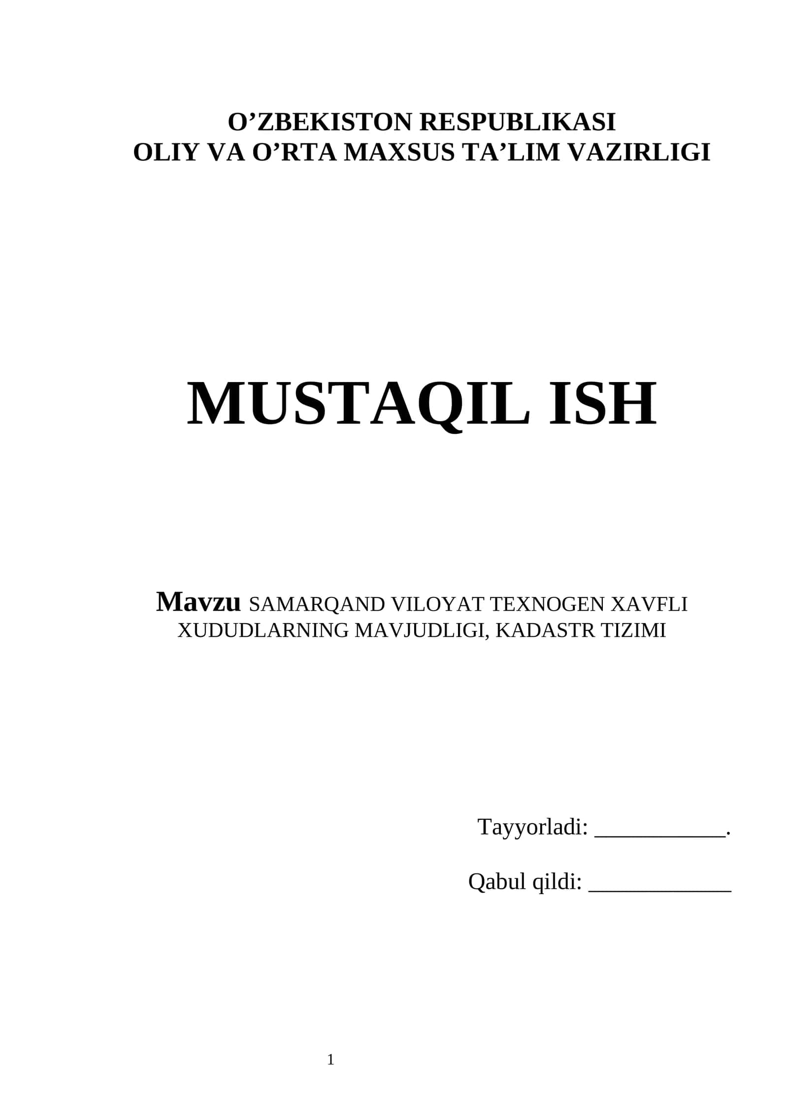 SAMARQAND VILOYAT TEXNOGEN XAVFLI XUDUDLARNING MAVJUDLIGI, KADASTR TIZIMI