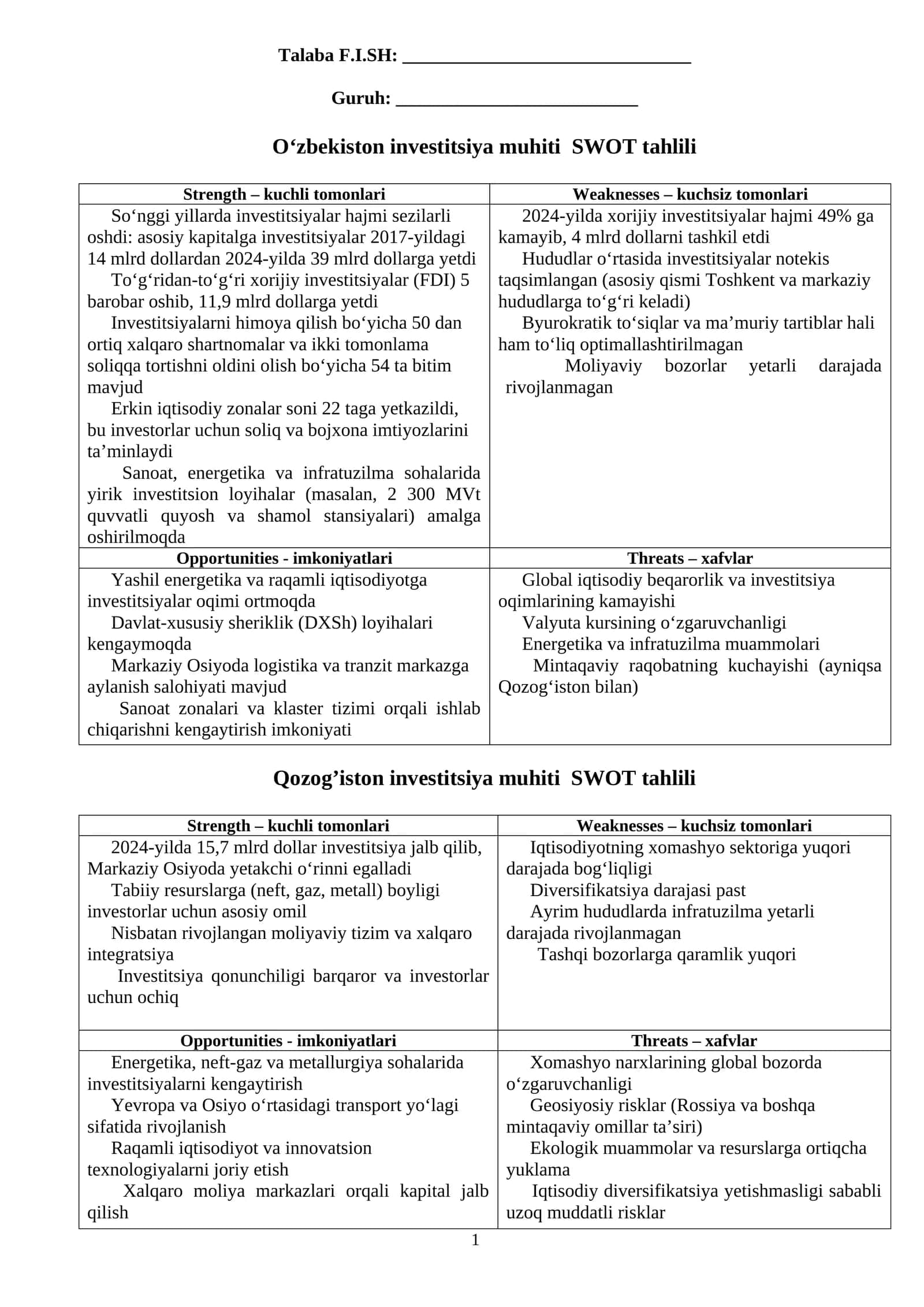 O‘zbekiston va Qozog’iston investitsiya muhiti SWOT tahlili