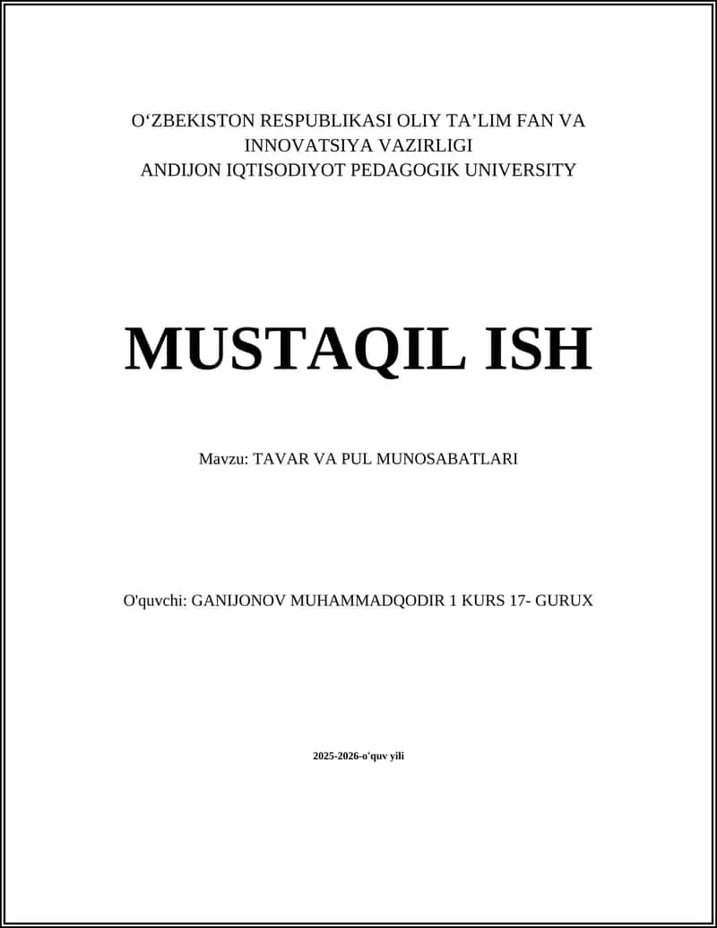 TAVAR VA PUL MUNOSABATLARI