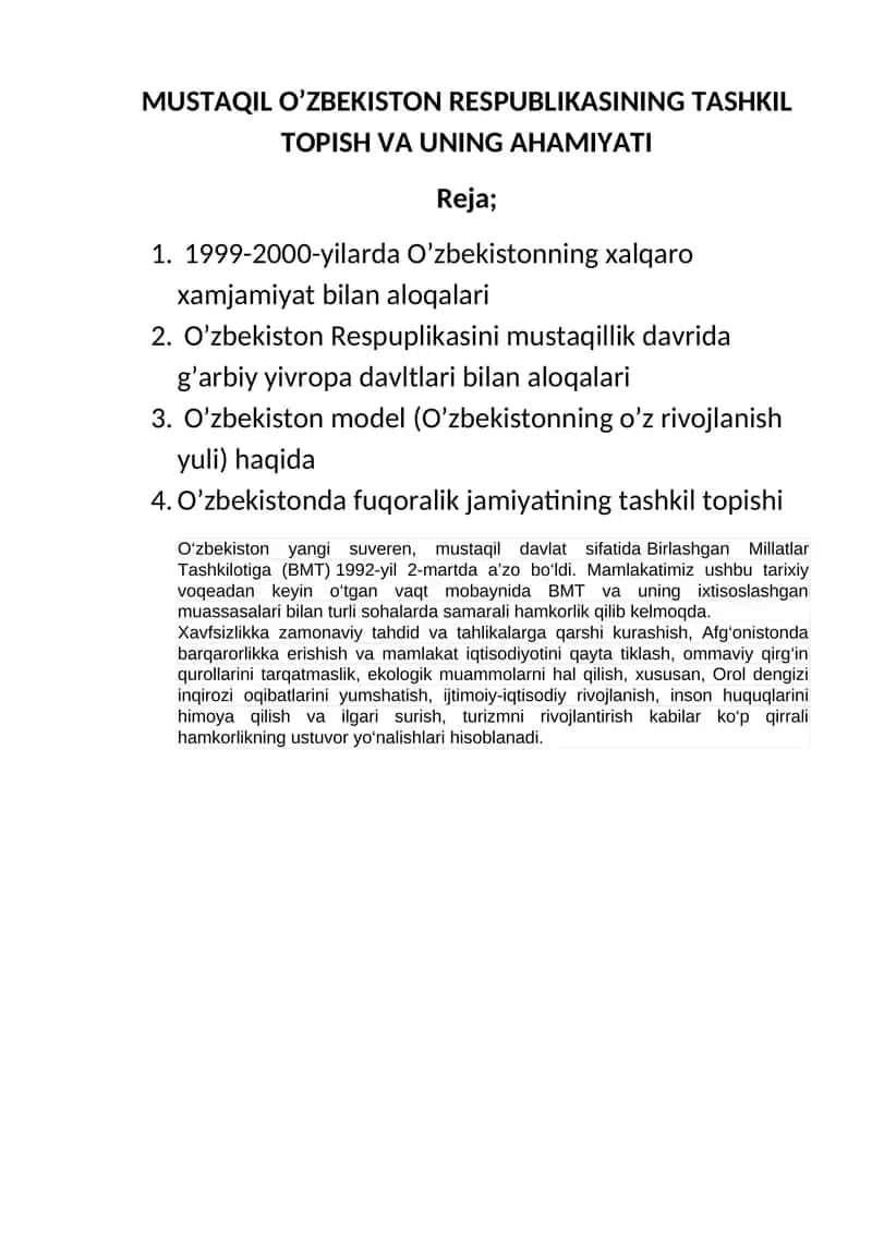 O‘zbekiston Respublikasining Tashkil Topish va Uning Ahamiyati