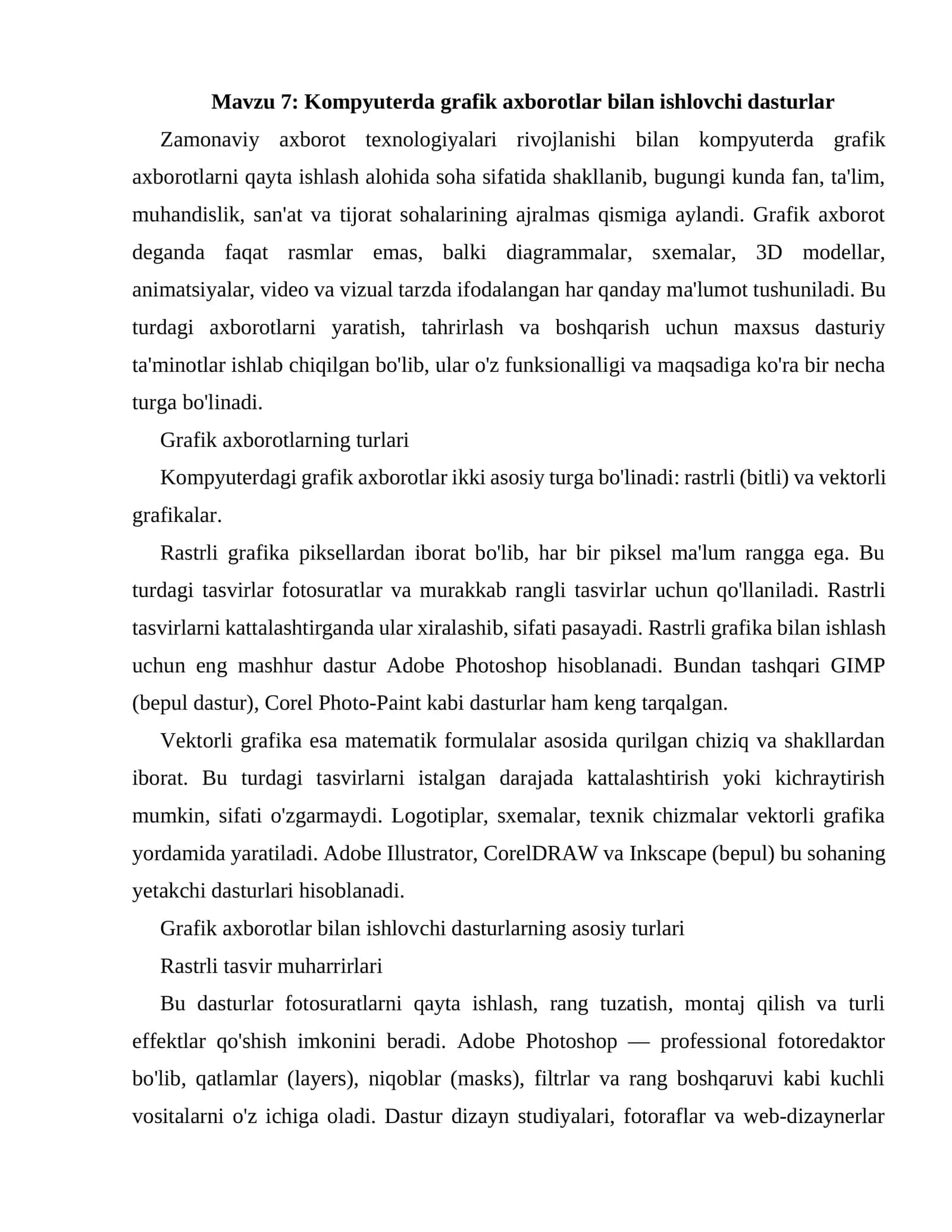 Kompyuterdagi grafik axborotlar bilan ishlovchi dasturlar
