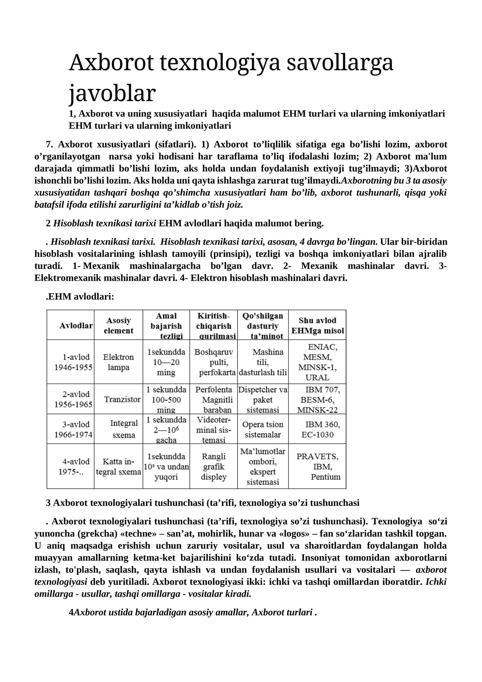 Axborot texnologiya savollarga javoblar