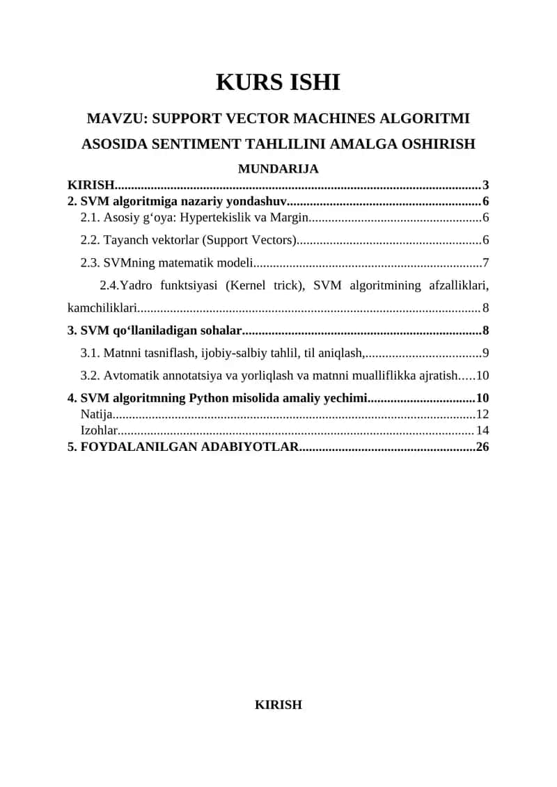 Support Vector Machines Algoritmi Asosida Sentiment Tahlilini Amalga Oshirish