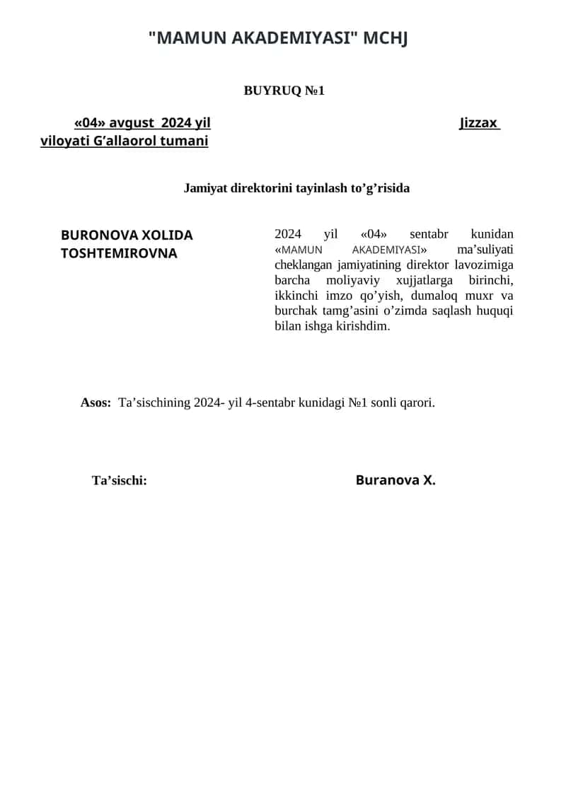 MAMUN AKADEMIYASI"MCHJ BUYRUQ №1