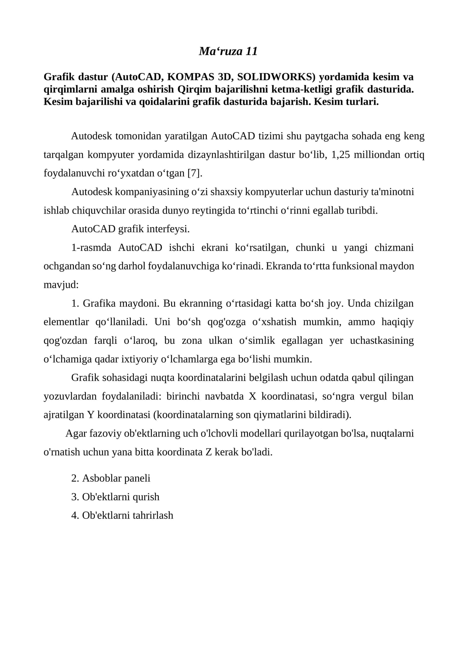 Grafik dastur (AutoCAD, KOMPAS 3D, SOLIDWORKS) yordamida kesim va qirqimlarni amalga oshirish