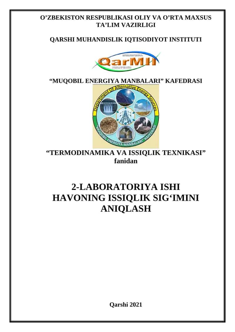 TERMODINAMIKA VA ISSIQLIK TEXNIKASI LABORATORIYA ISHI