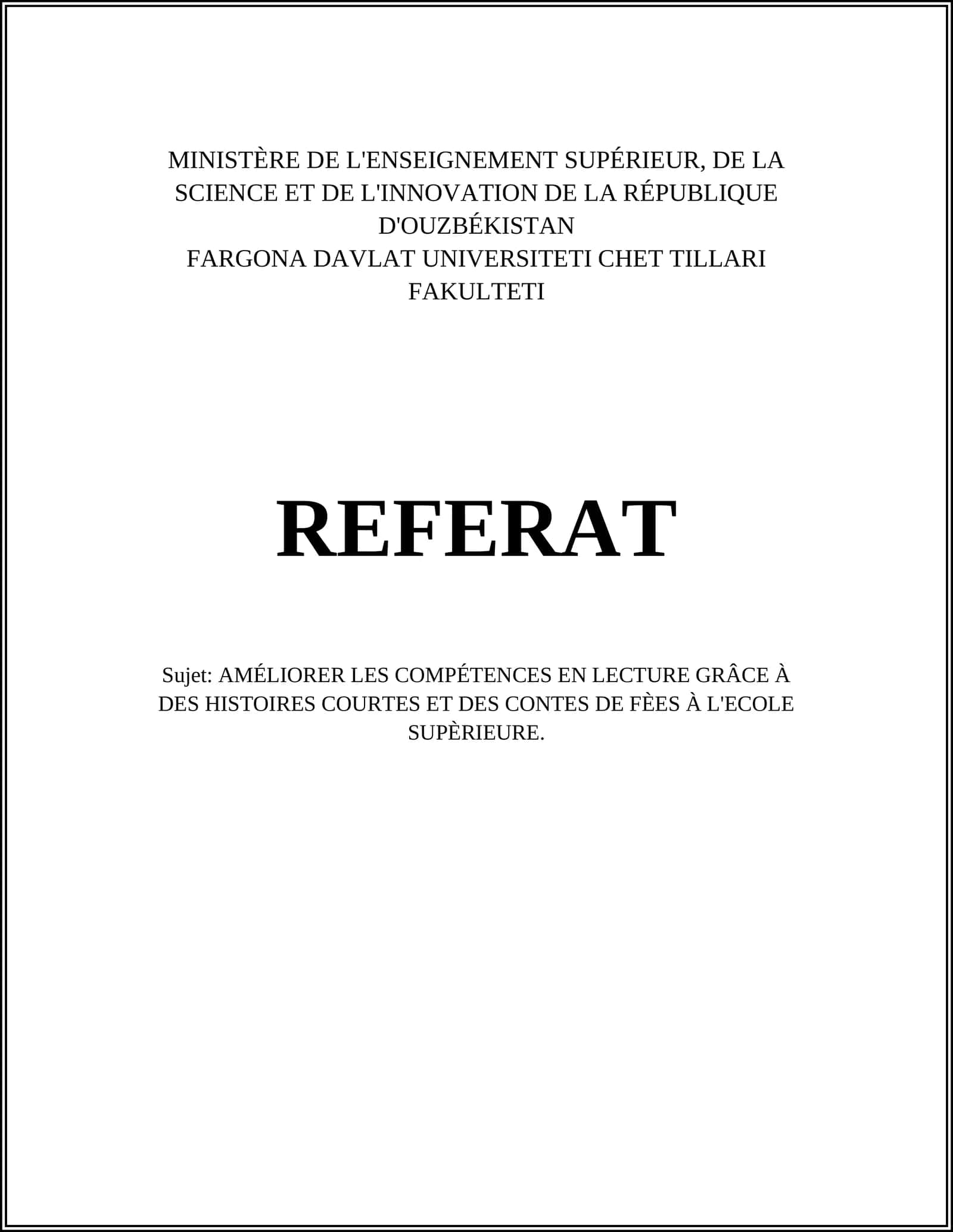 AMÉLIORER LES COMPÉTENCES EN LECTURE GRÂCE À DES HISTOIRES COURTES ET DES CONTES DE FÈES À L'ECOLE SUPÈRIEURE