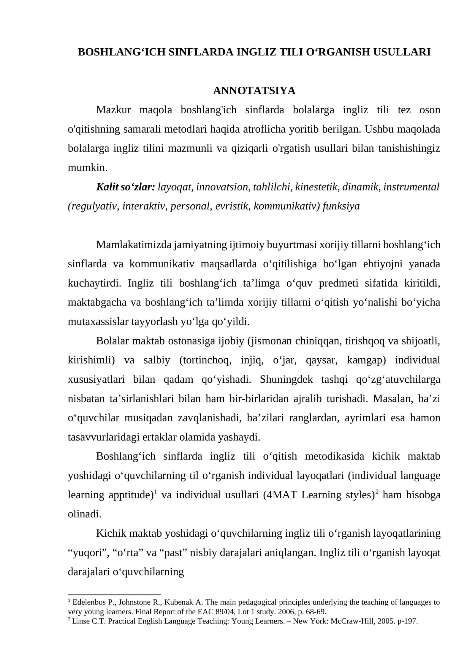BOSHLANG‘ICH SINFLARDA INGLIZ TILI O‘RGANISH USULLARI
