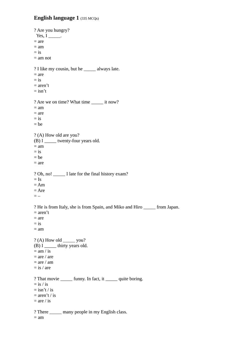 English language 1 (335 MCQs)