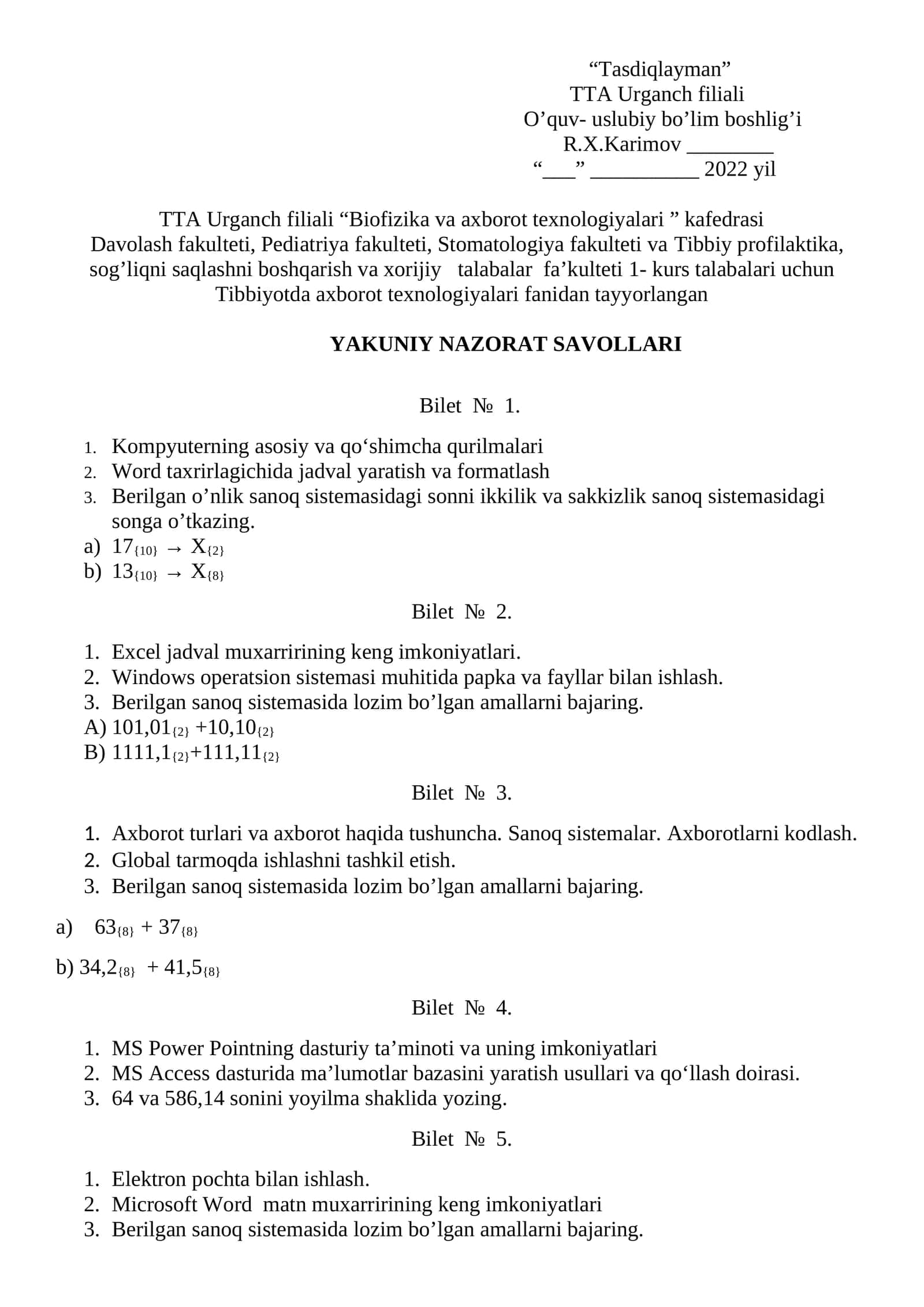 Tibbiyotda axborot texnologiyalari fanidan tayyorlangan YAKUNIY NAZORAT SAVOLLARI