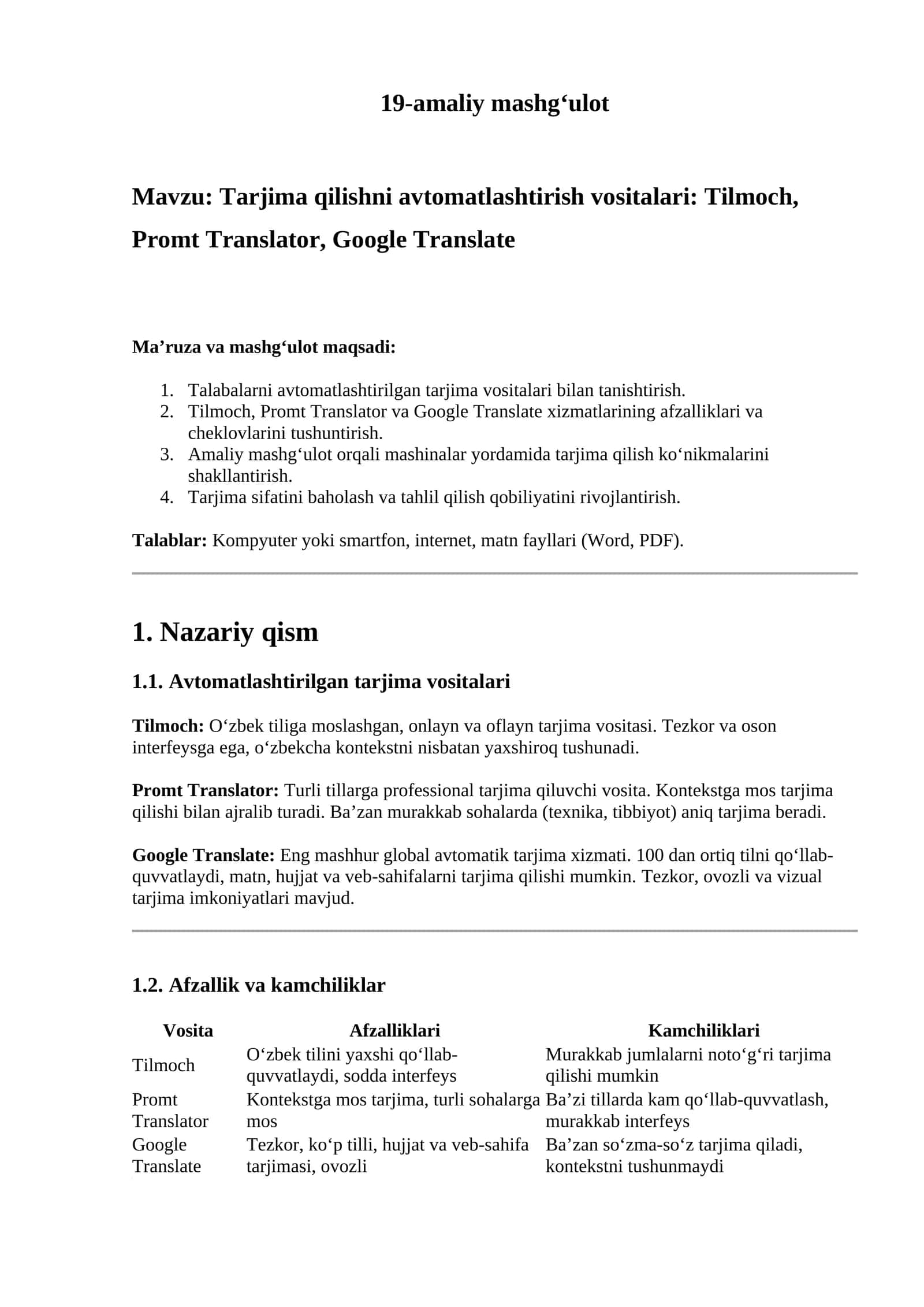 Tarjima qilishni avtomatlashtirish vositalari: Tilmoch, Promt Translator, Google Translate