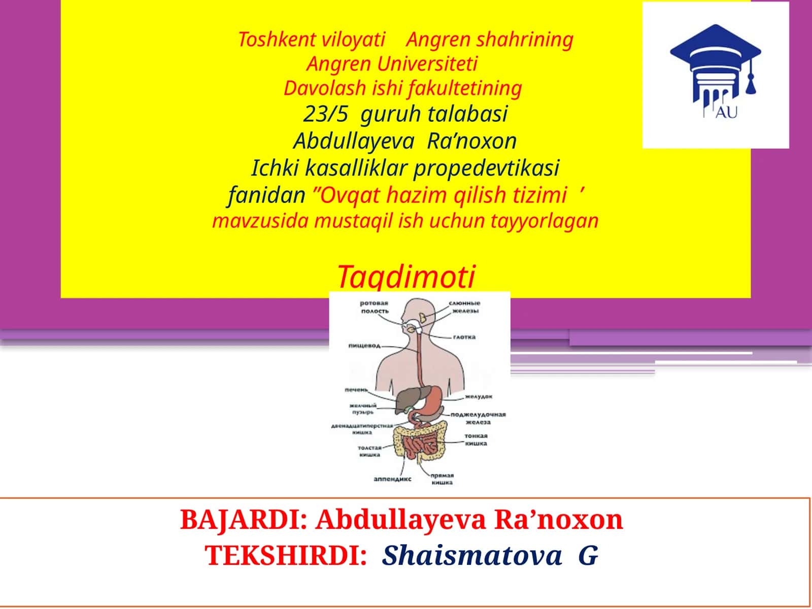 Taqdimoti "Ovqat hazim qilish tizimi"