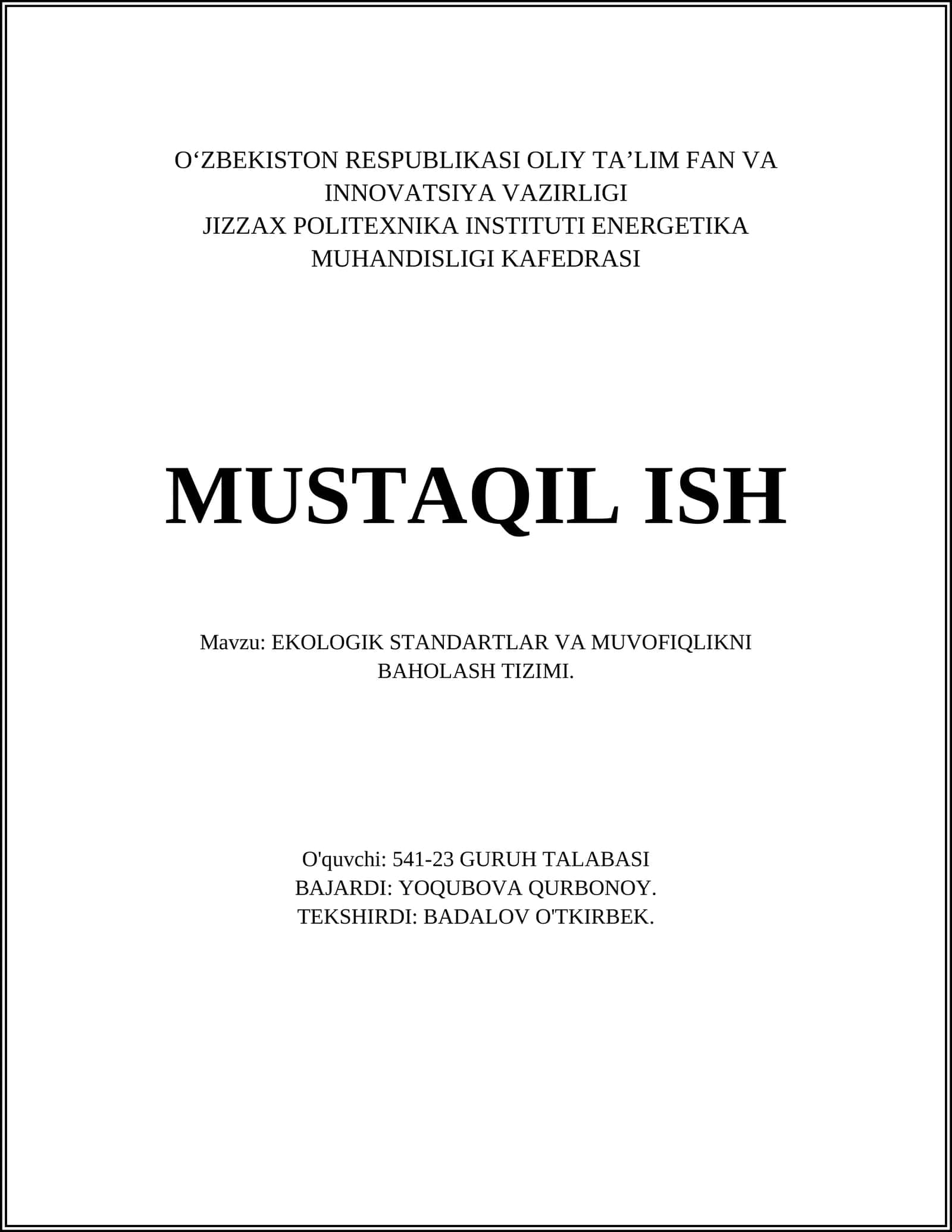 EKOLOGIK STANDARTLAR VA MUVOFIQLIKNI BAHOLASH TIZIMI