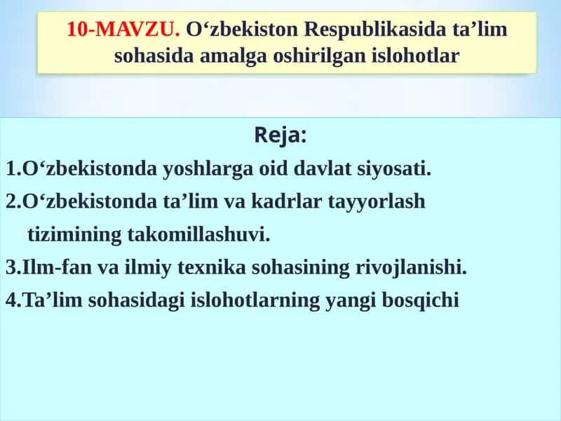 O‘zbekiston Respublikasi data’lim sohasida amalga oshirilgan islohotlar