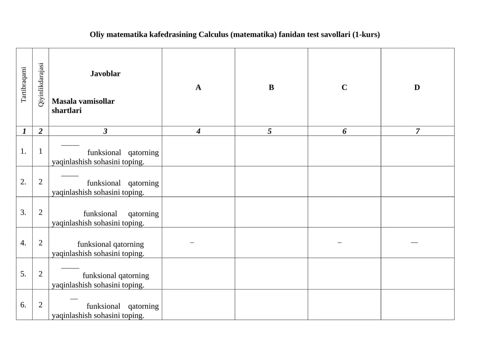 Oliy matematika kafedrasining Calсulus (matematika) fanidan test savollari (1-kurs)