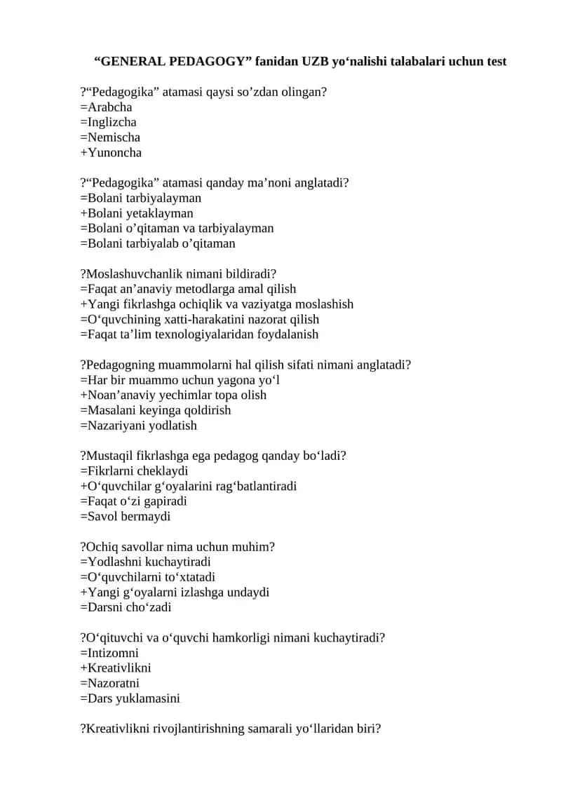“GENERAL PEDAGOGY” fanidan UZB yo‘nalishi talabalari uchun test