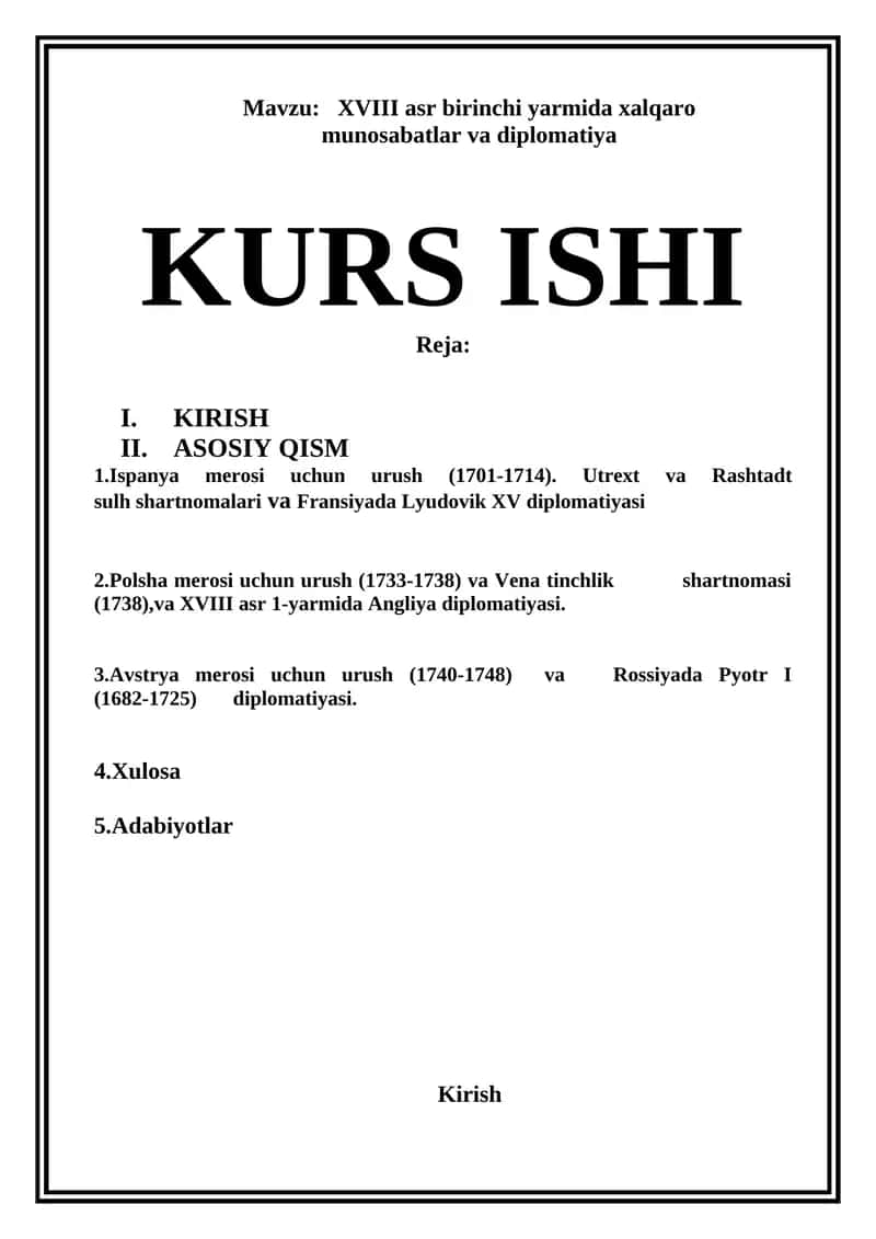 XVIII asr birinchi yarmida xalqaro munosabatlar va diplomatiya