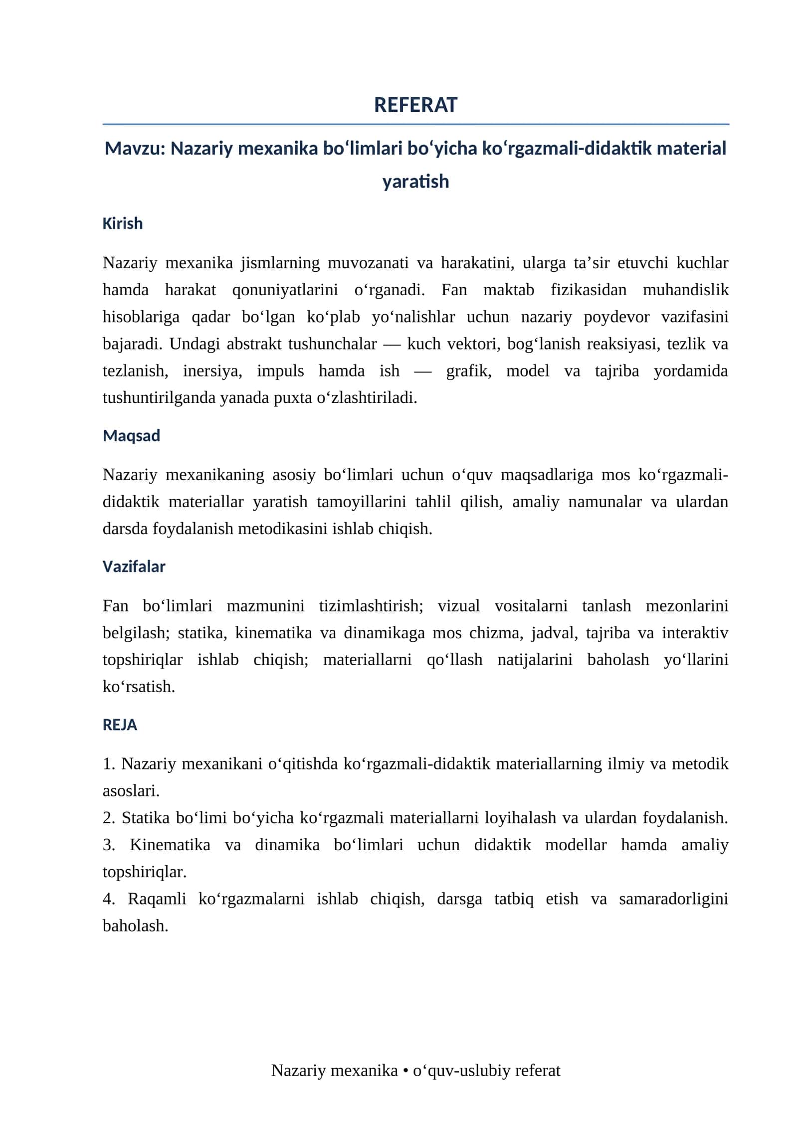 Nazariy mexanika bo‘limlari bo‘yicha ko‘rgazmali-didaktik material yaratish