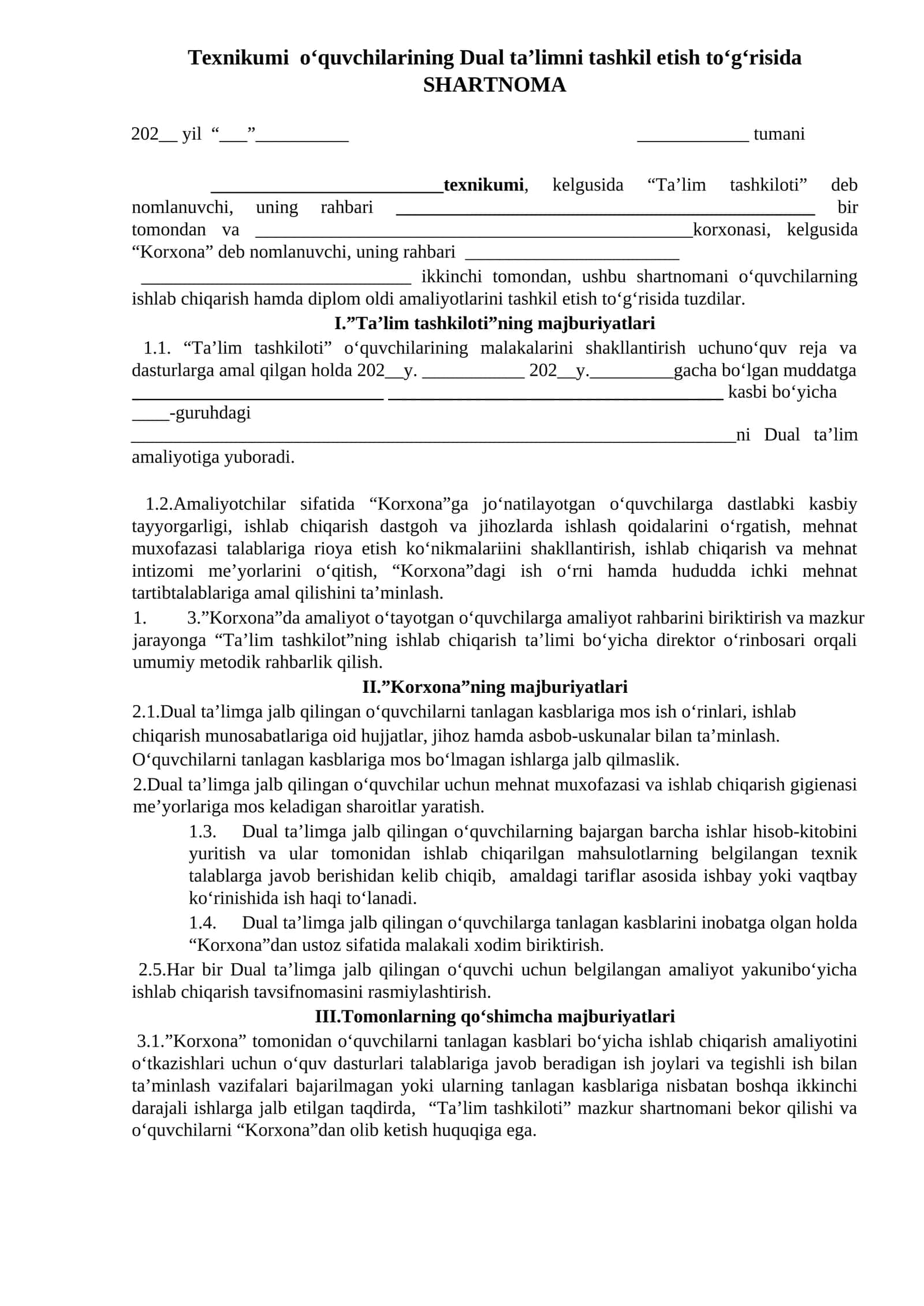 Texnikumi o‘quvchilarining Dual ta’limni tashkil etish to‘g‘risida SHARTNOMA