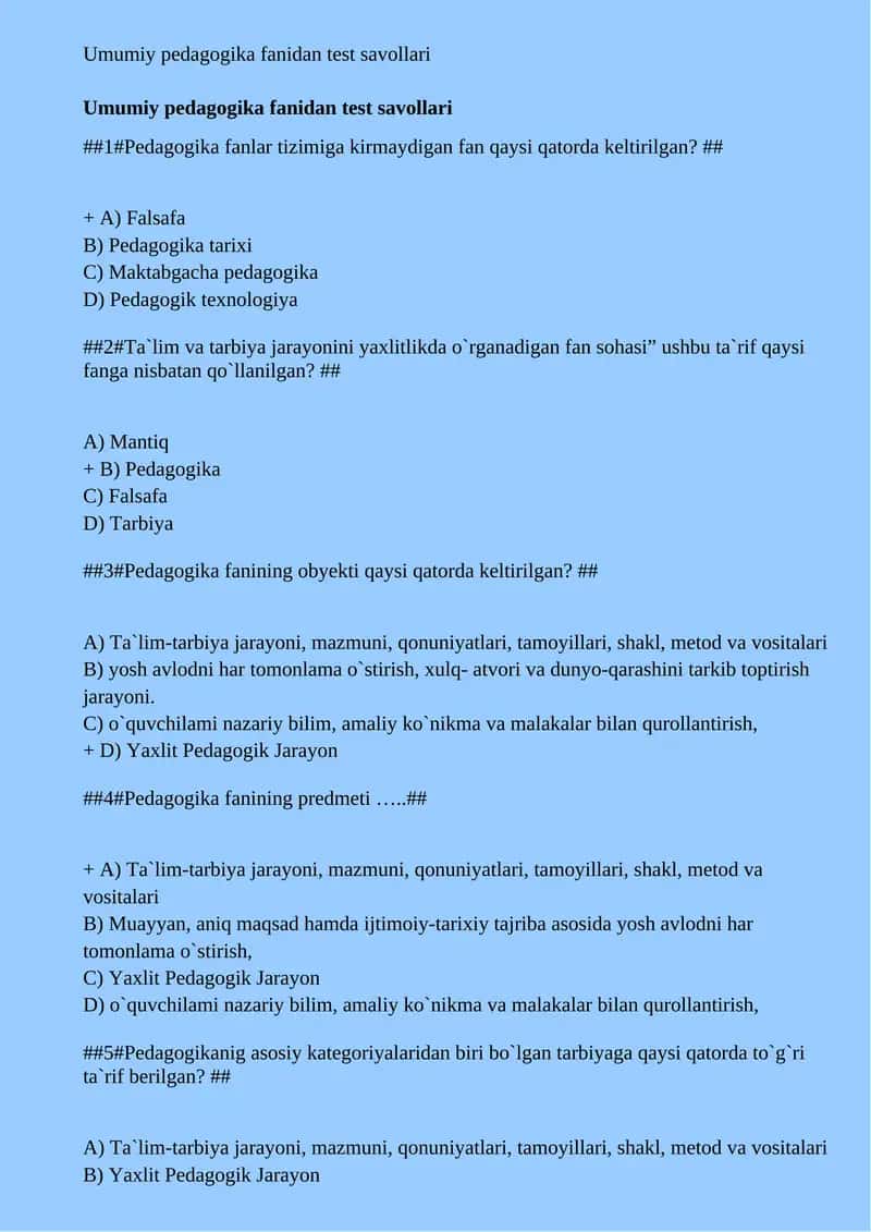 Umumiy pedagogika fanidan test savollari