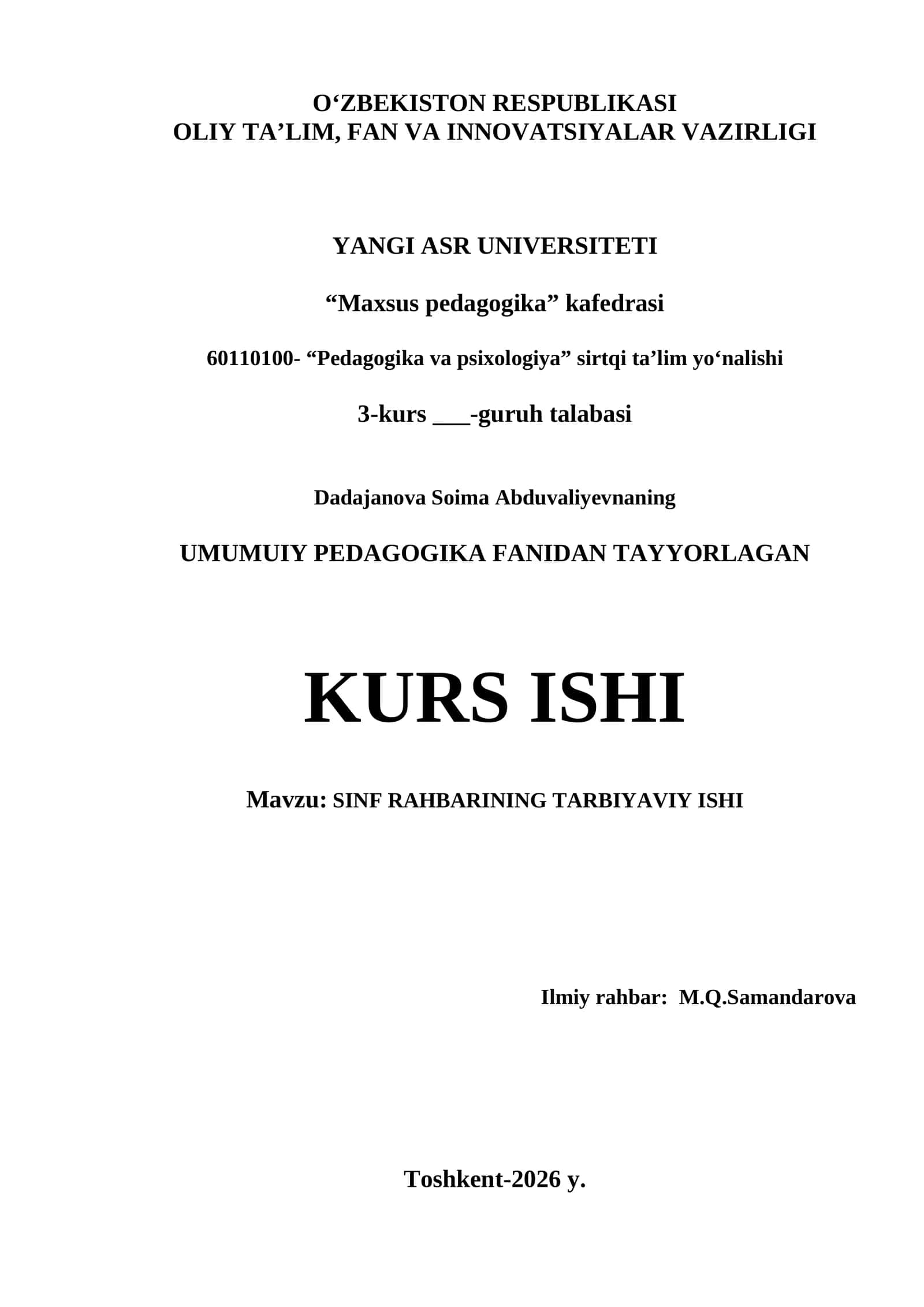 KURS ISHI Mavzu: SINF RAHBARINING TARBIYAVIY ISHI
