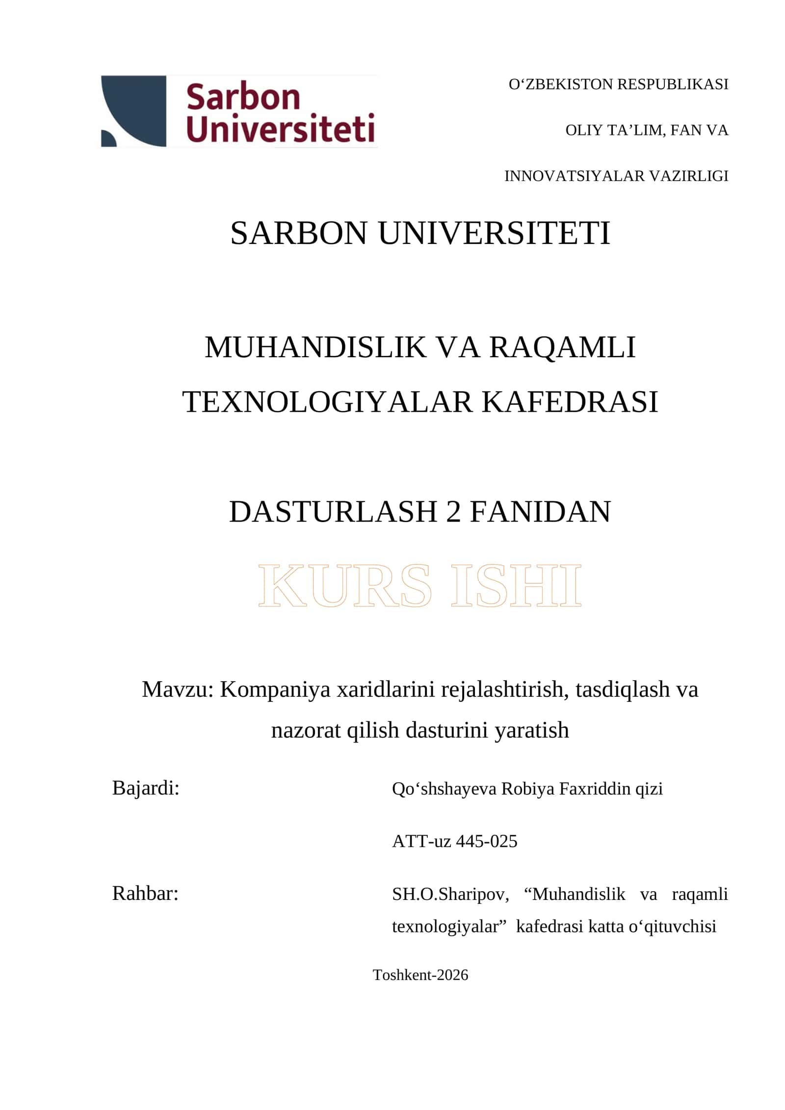 Dasturlash 2 Fanidan Kurs Ishi