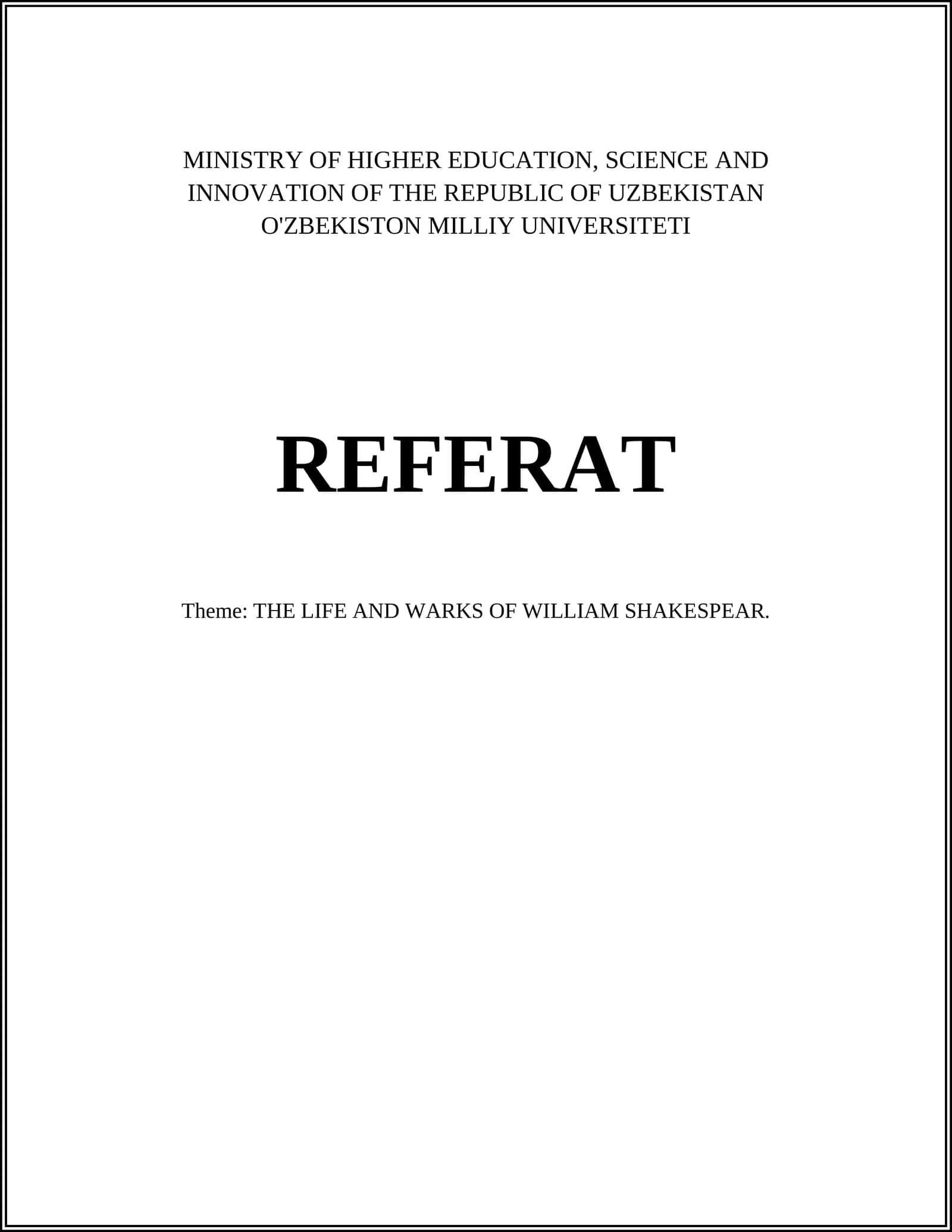 THE LIFE AND WARKS OF WILLIAM SHAKESPEAR