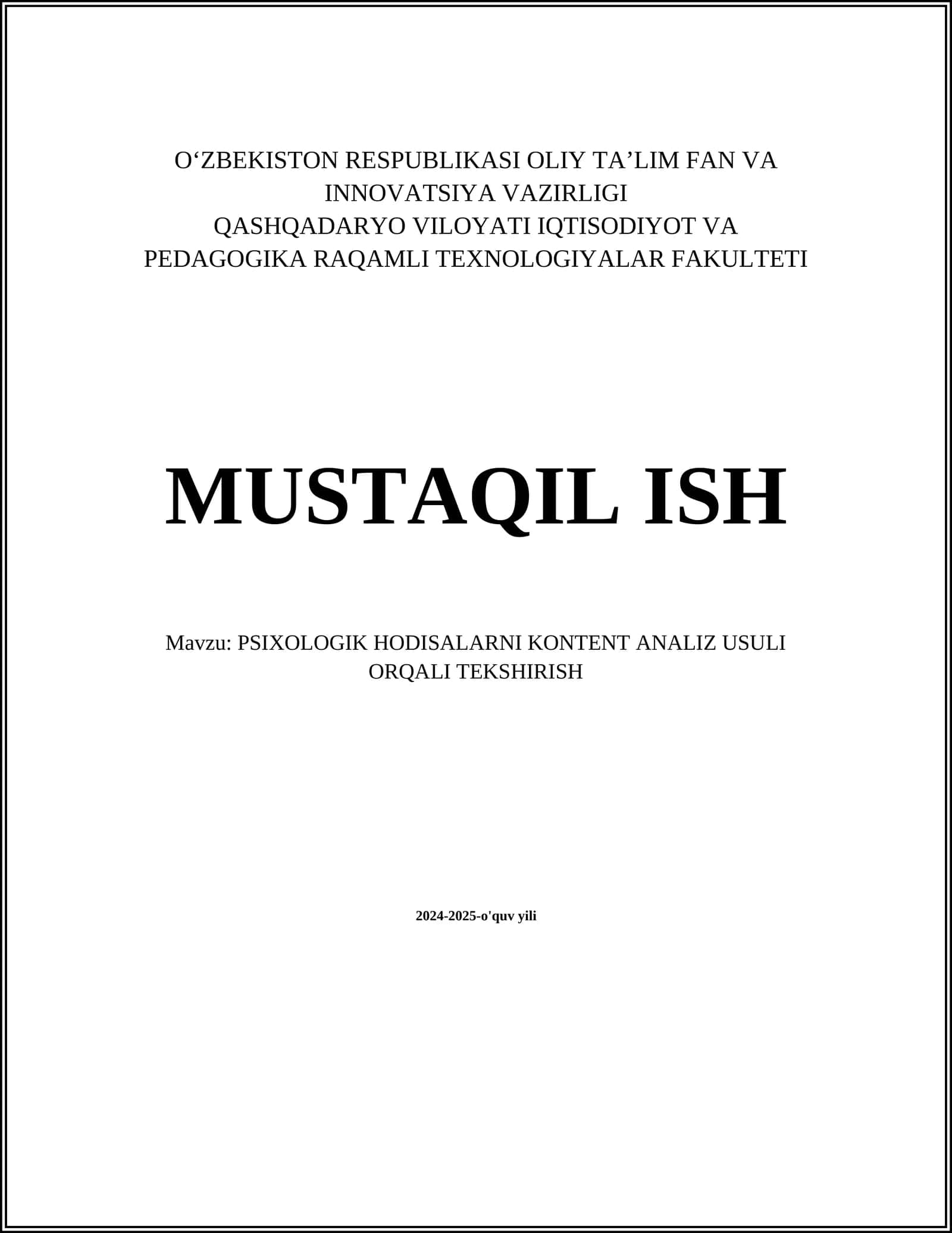 PSIXOLOGIK HODISALARNI KONTENT ANALIZ USULI ORQALI TEKSHIRISH