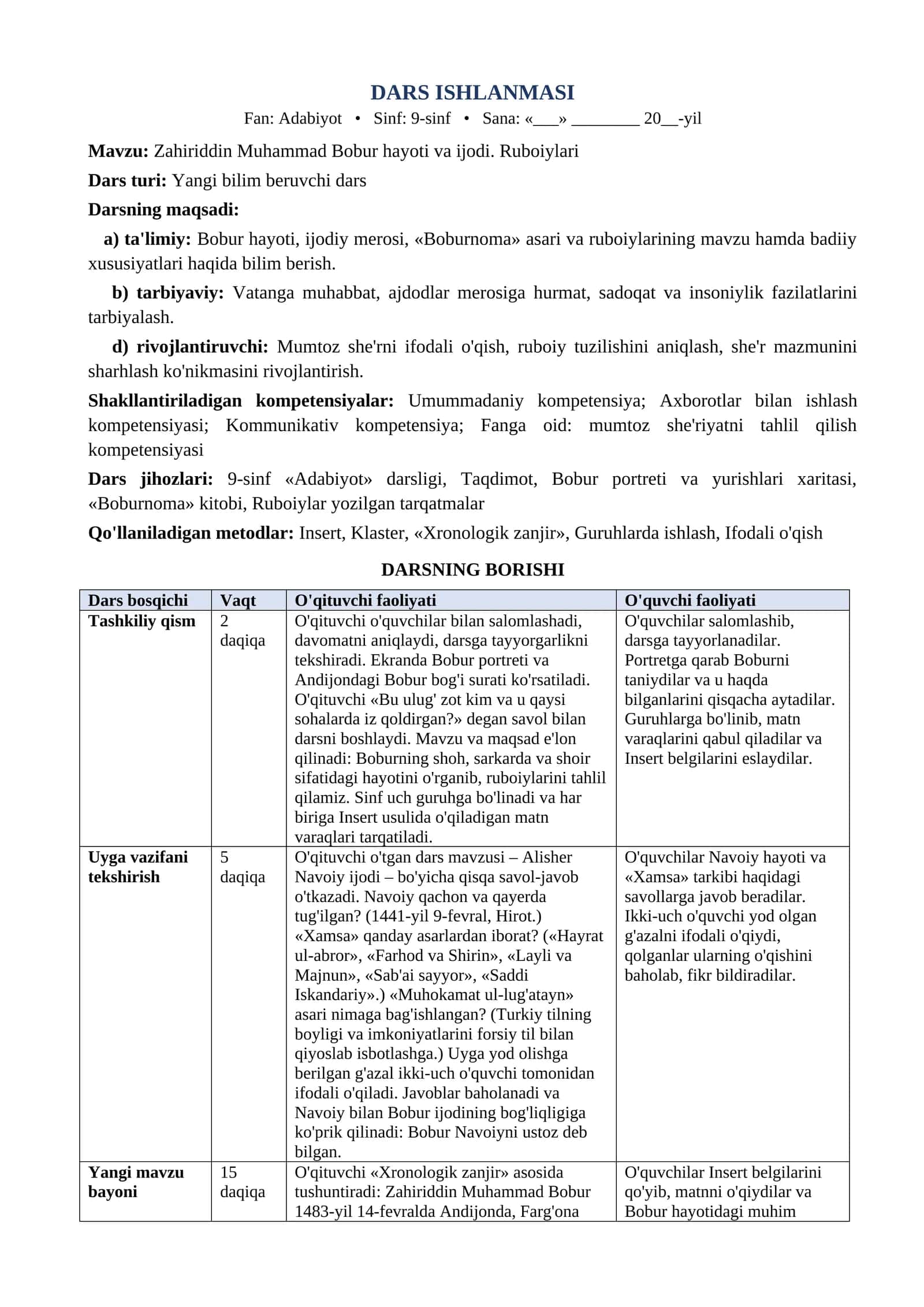 9 sinf Adabiyot dars ishlanma Zahiriddin Muhammad Bobur hayoti va ijodi Rub