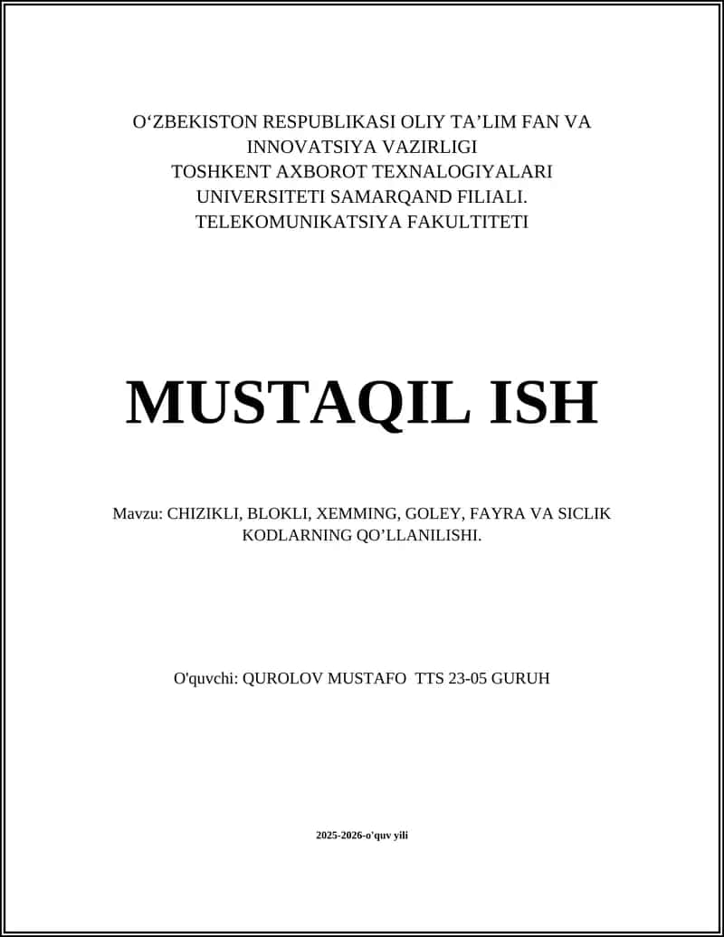 CHIZIKLI, BLOKLI, XEMMING, GOLEY, FAYRA VA SICLIK KODLARNING QO’LLANILISHI