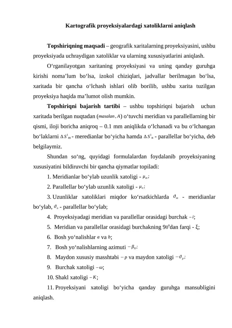 Kartografik proyeksiyalardagi xatoliklarni aniqlash